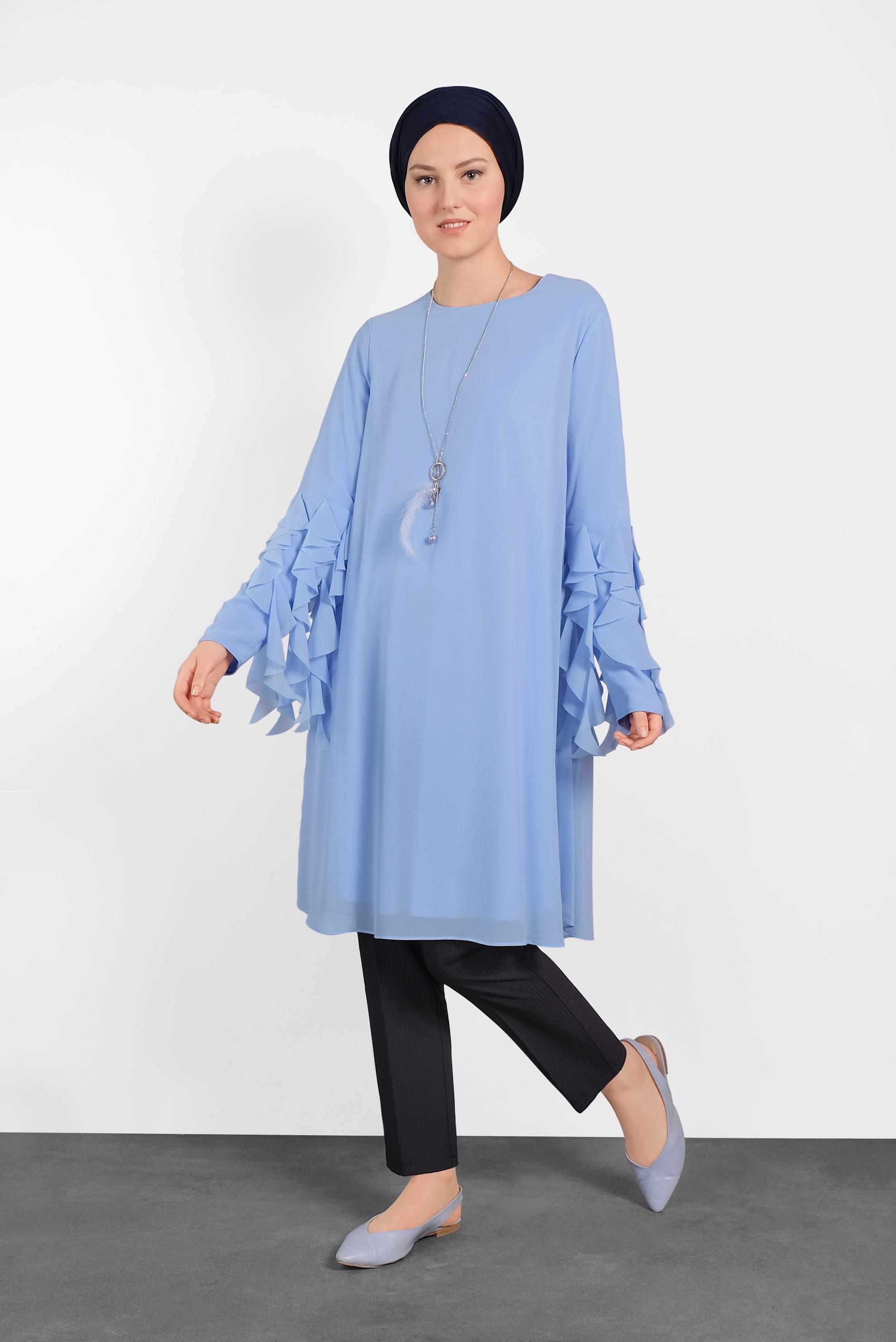Tesettür giyim MAVİ KOLLARI FIRFIR DETAYLI ŞİFON TUNİK 4257