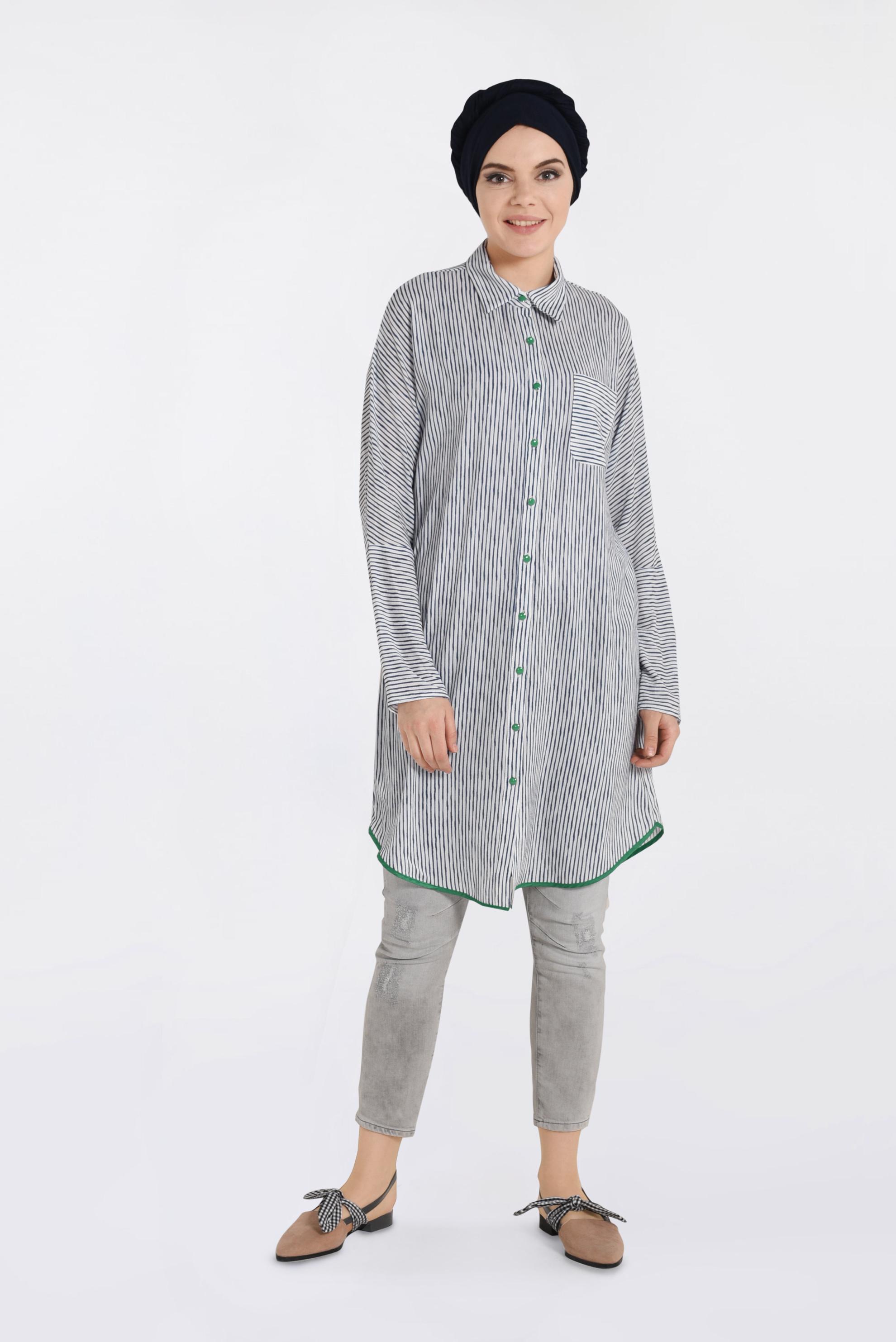 Tesettür giyim LACİVERT ARKASI NAKIŞLI ÇİZGİLİ TUNİK 4271