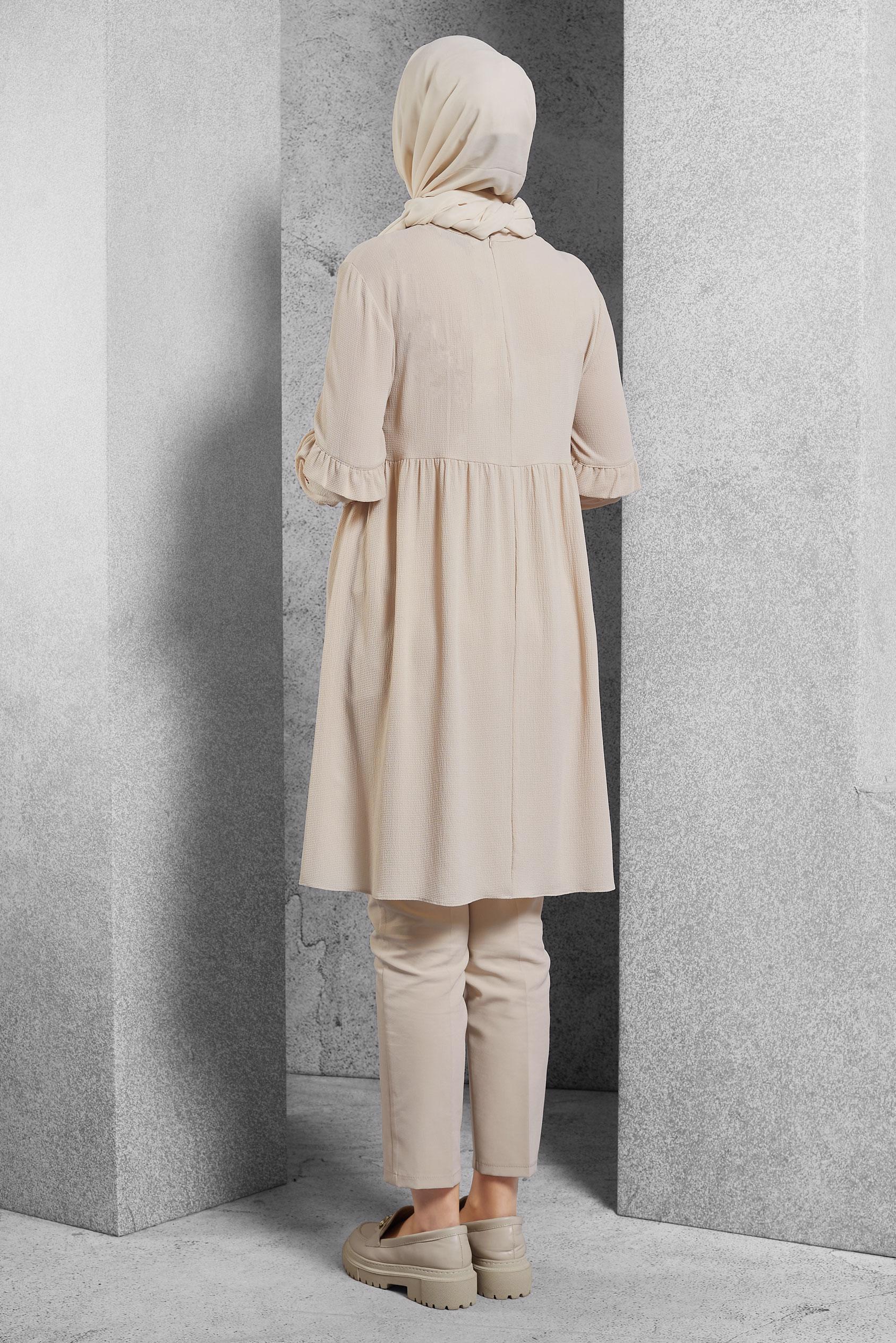 Tesettür giyim EKRU NAKIŞ DETAYLI TUNİK 4274