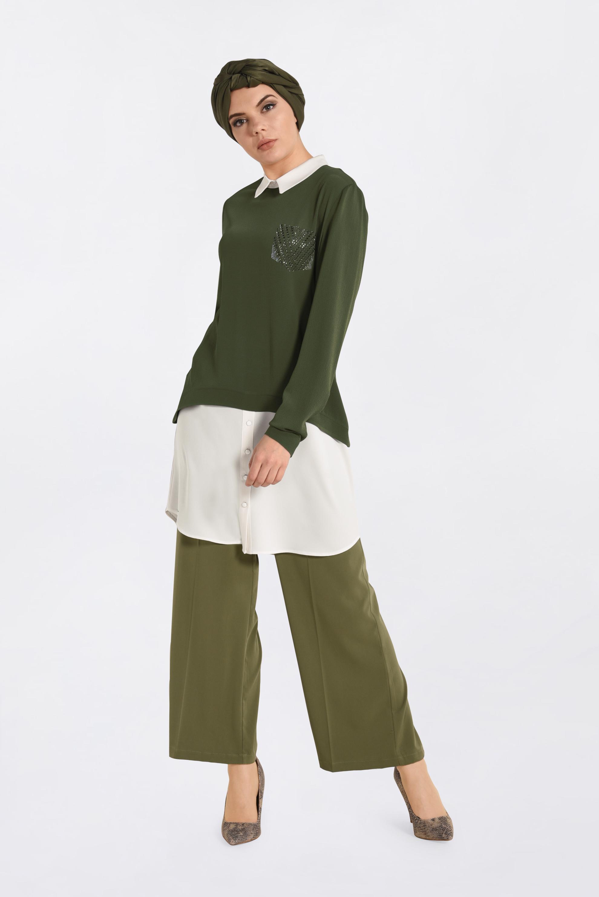 Tesettür giyim HAKİ GÖMLEK GÖRÜNÜMLÜ TUNİK 4275 