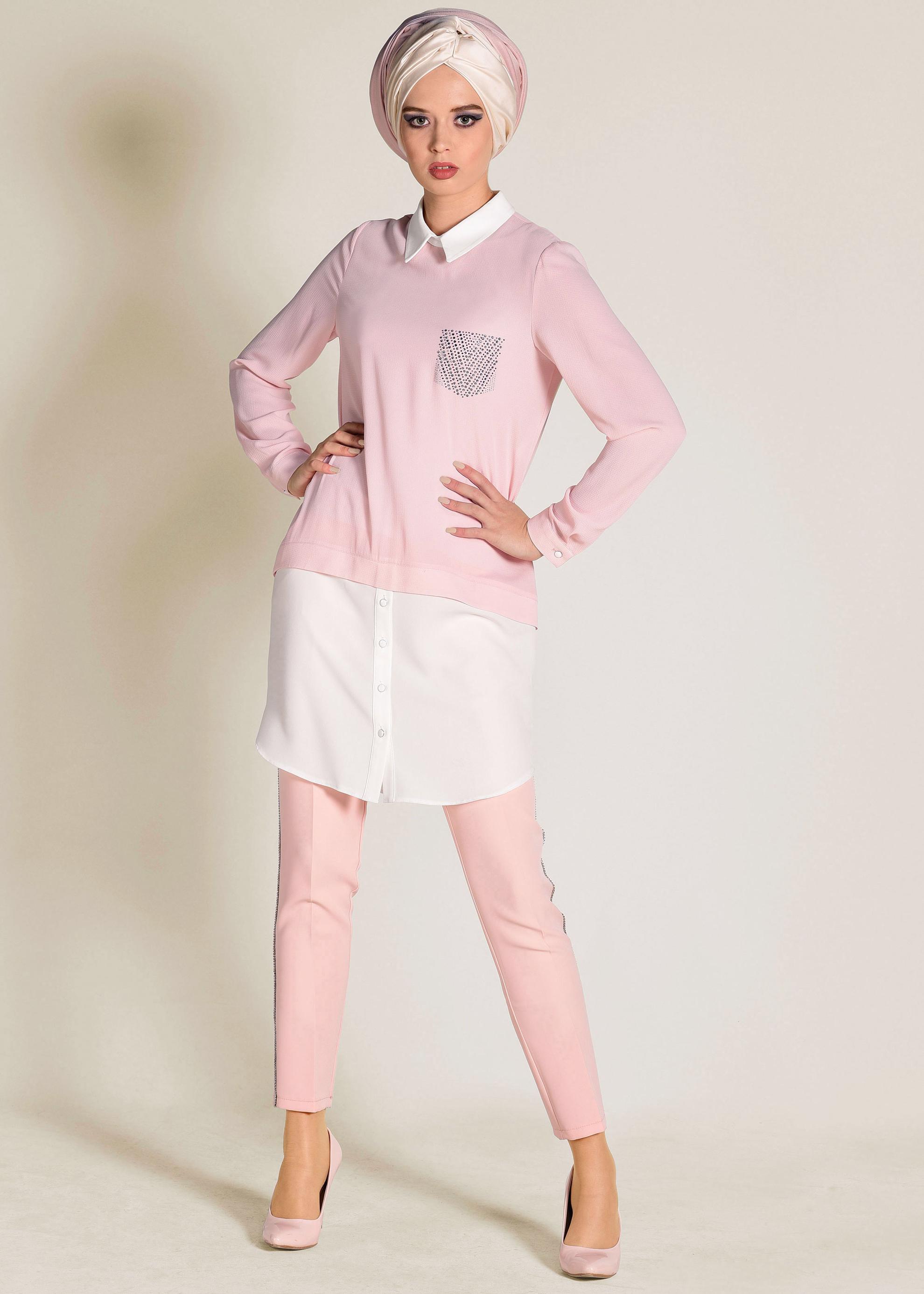 Tesettür giyim PUDRA GÖMLEK GÖRÜNÜMLÜ TUNİK 4275 