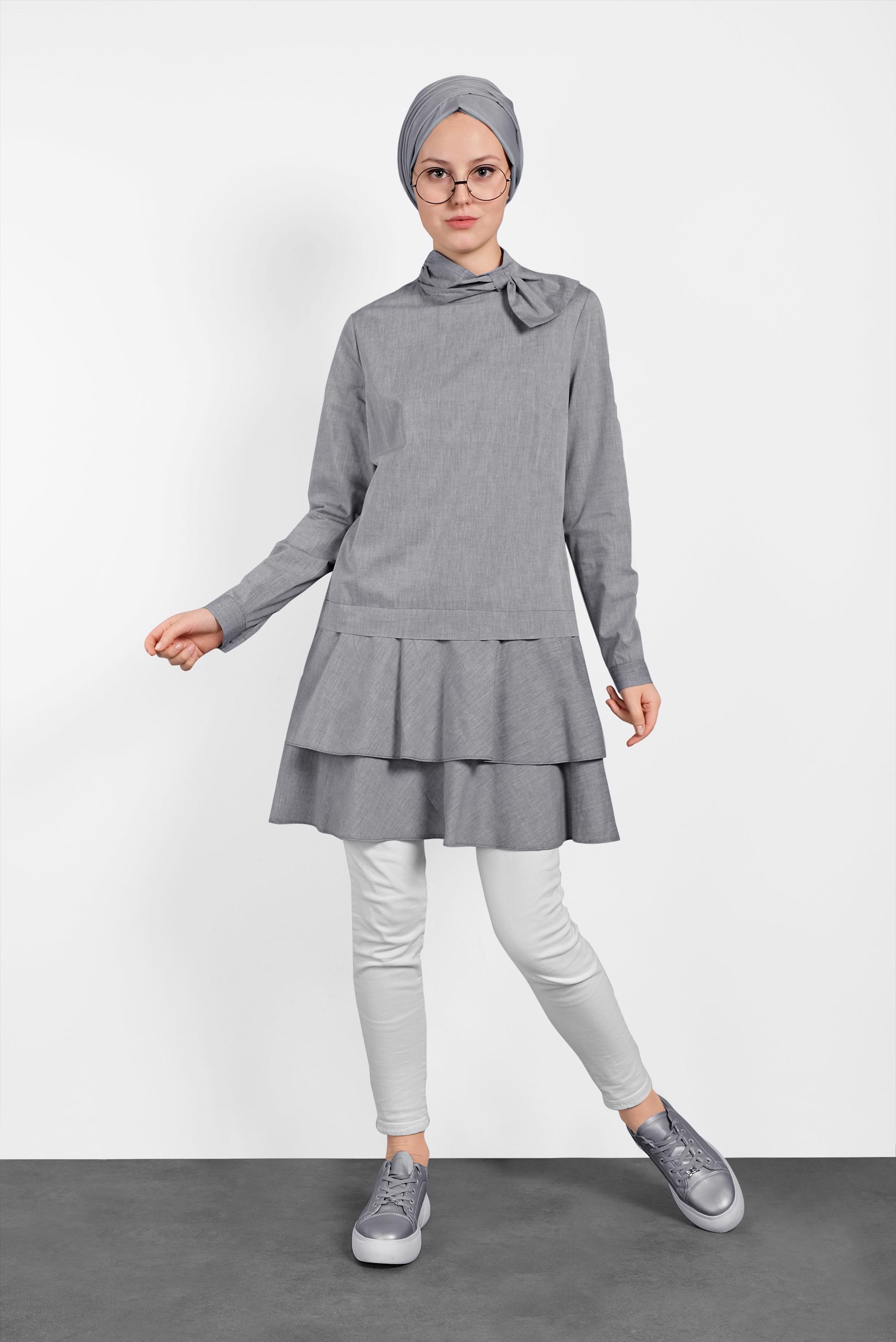 Tesettür giyim SİYAH ETEK UCU VOLANLI PAMUKLU TUNİK 4286