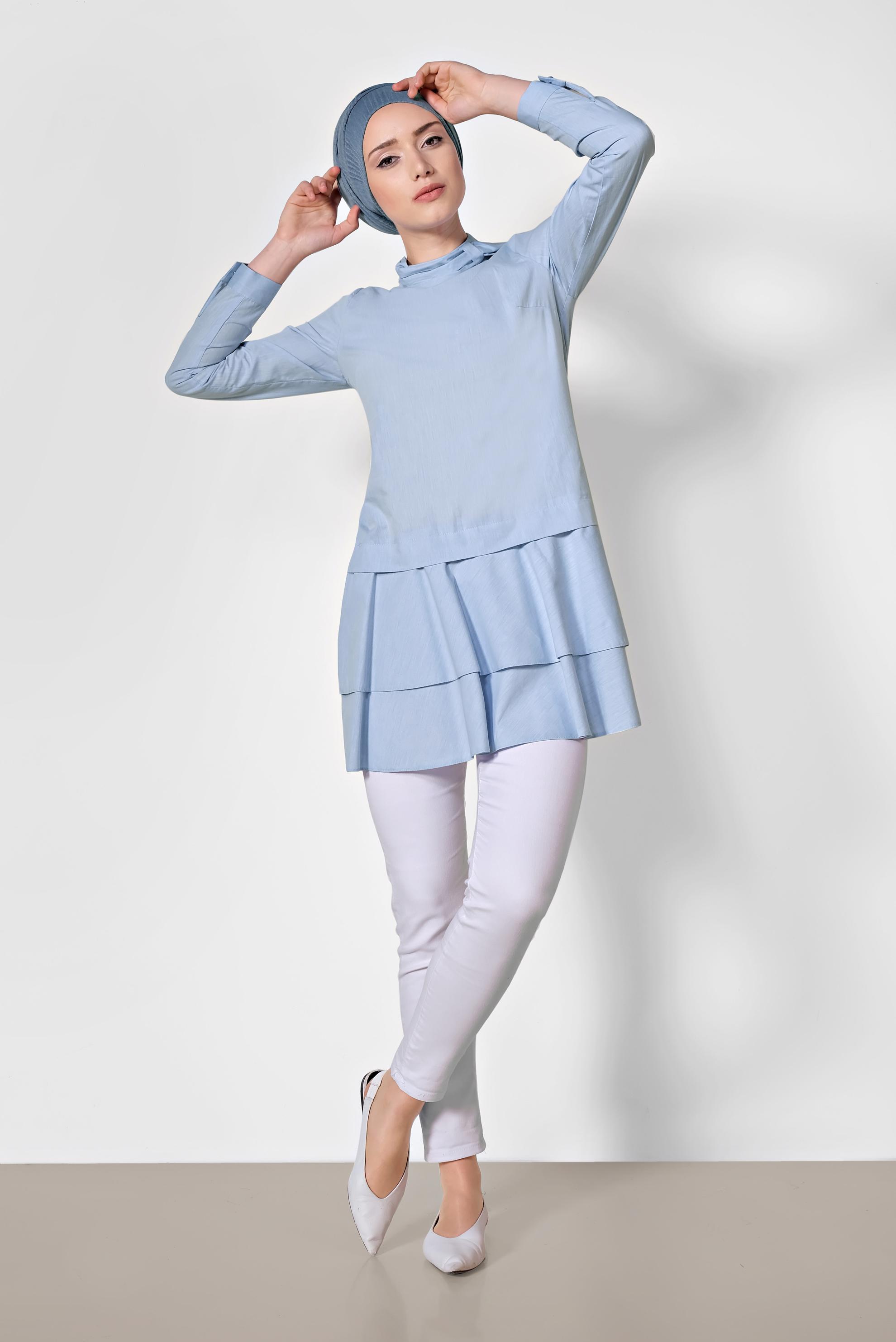 Tesettür giyim MAVİ ETEK UCU VOLANLI PAMUKLU TUNİK 4286