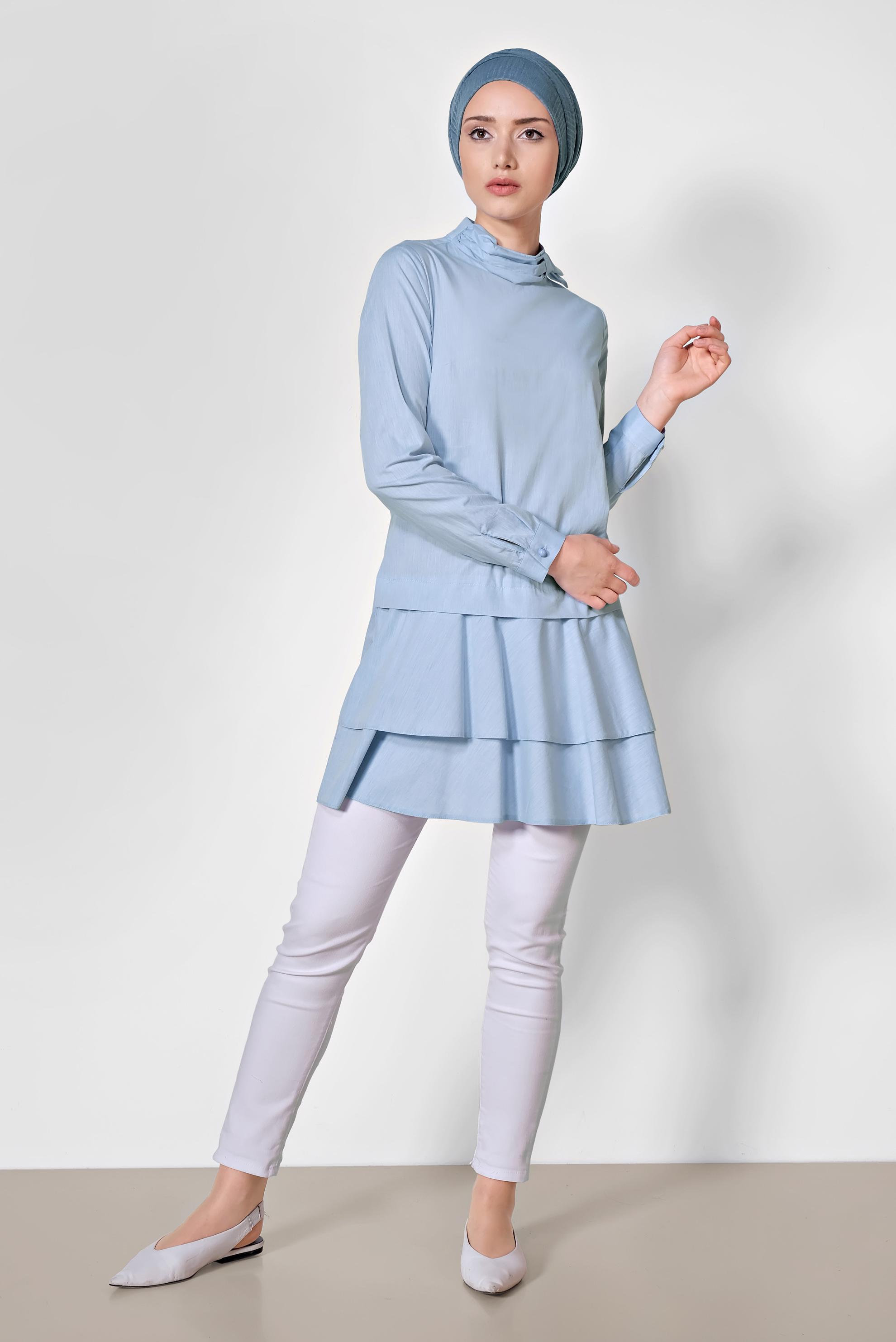 Tesettür giyim MAVİ ETEK UCU VOLANLI PAMUKLU TUNİK 4286