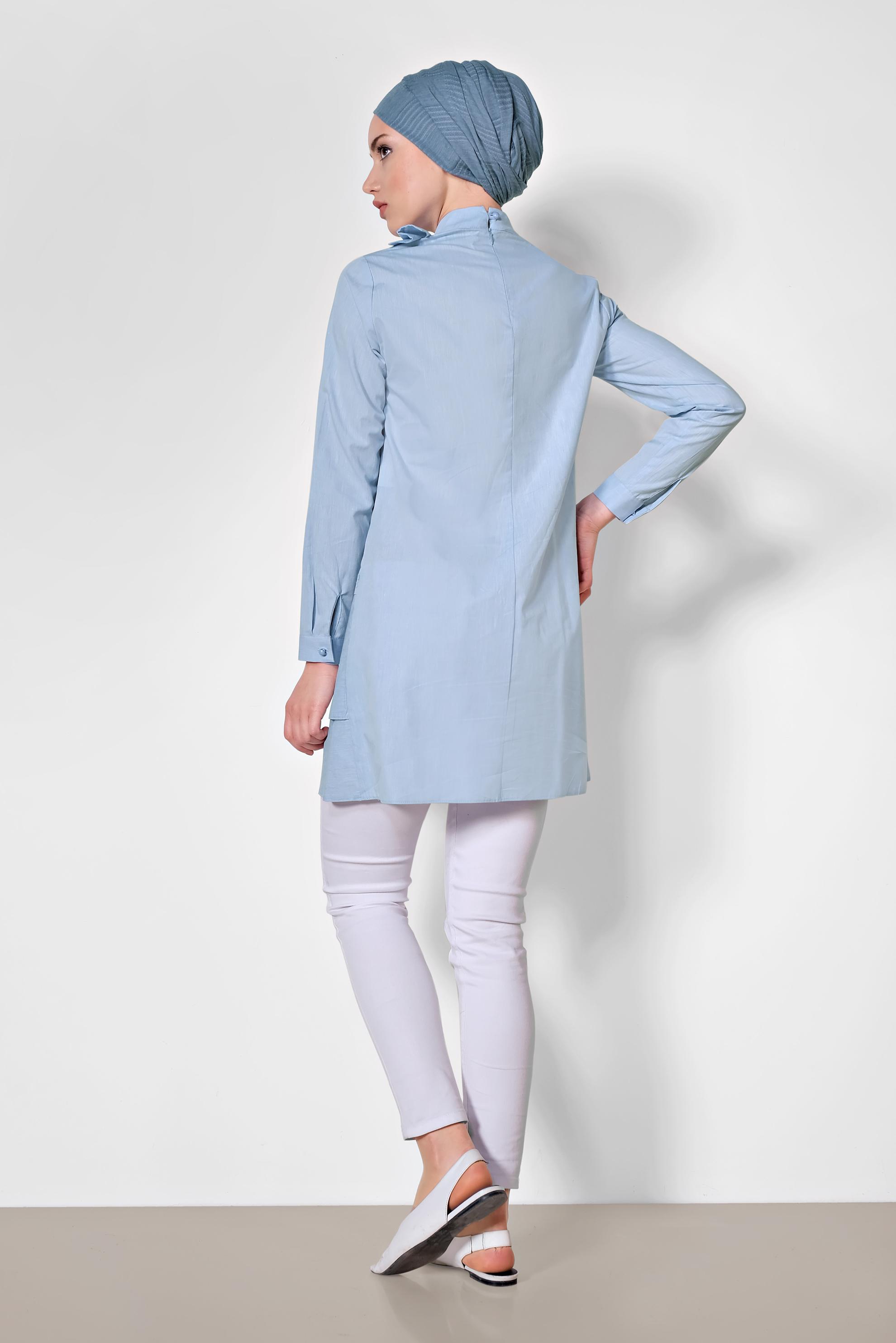 Tesettür giyim MAVİ ETEK UCU VOLANLI PAMUKLU TUNİK 4286