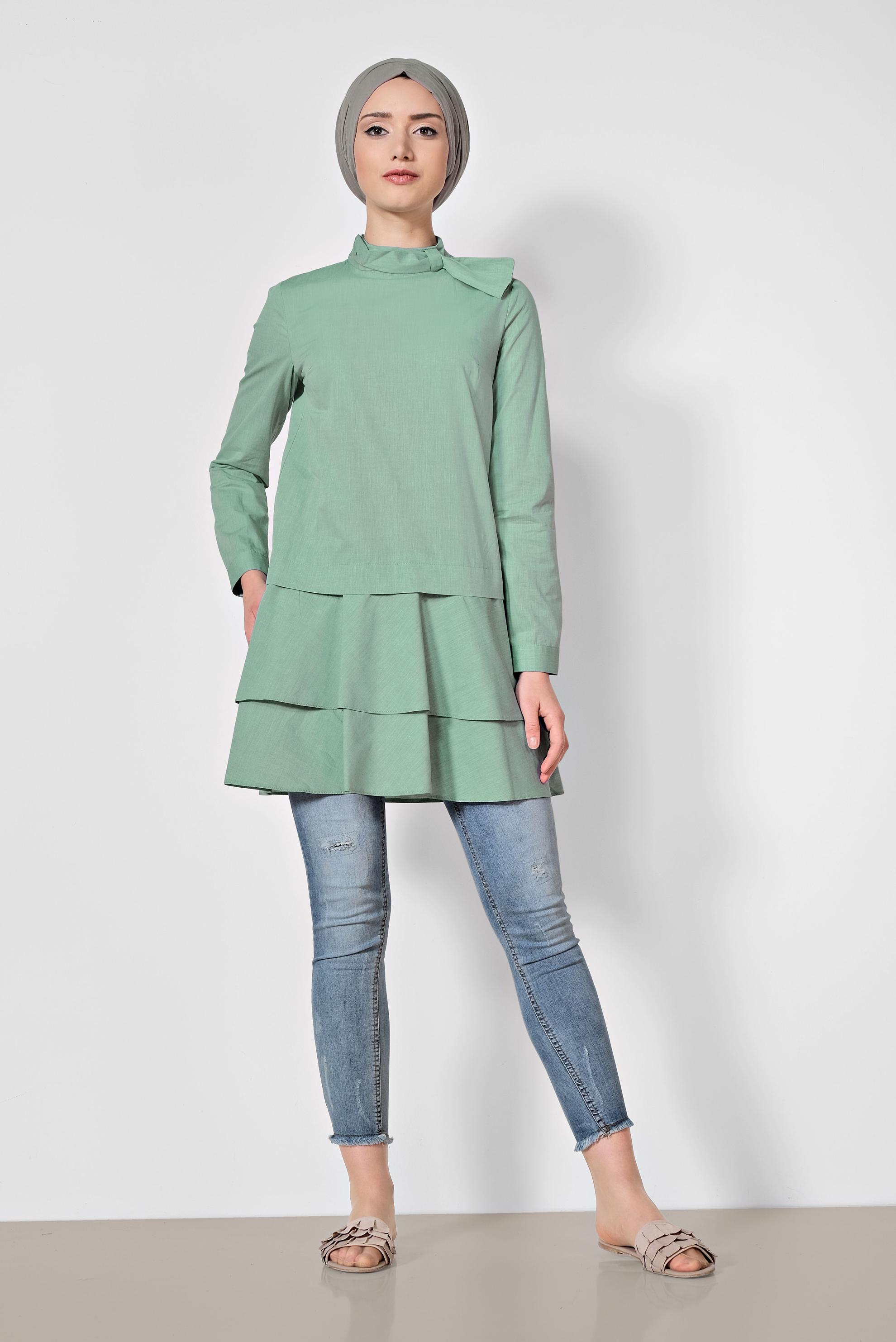 Tesettür giyim YEŞİL ETEK UCU VOLANLI PAMUKLU TUNİK 4286