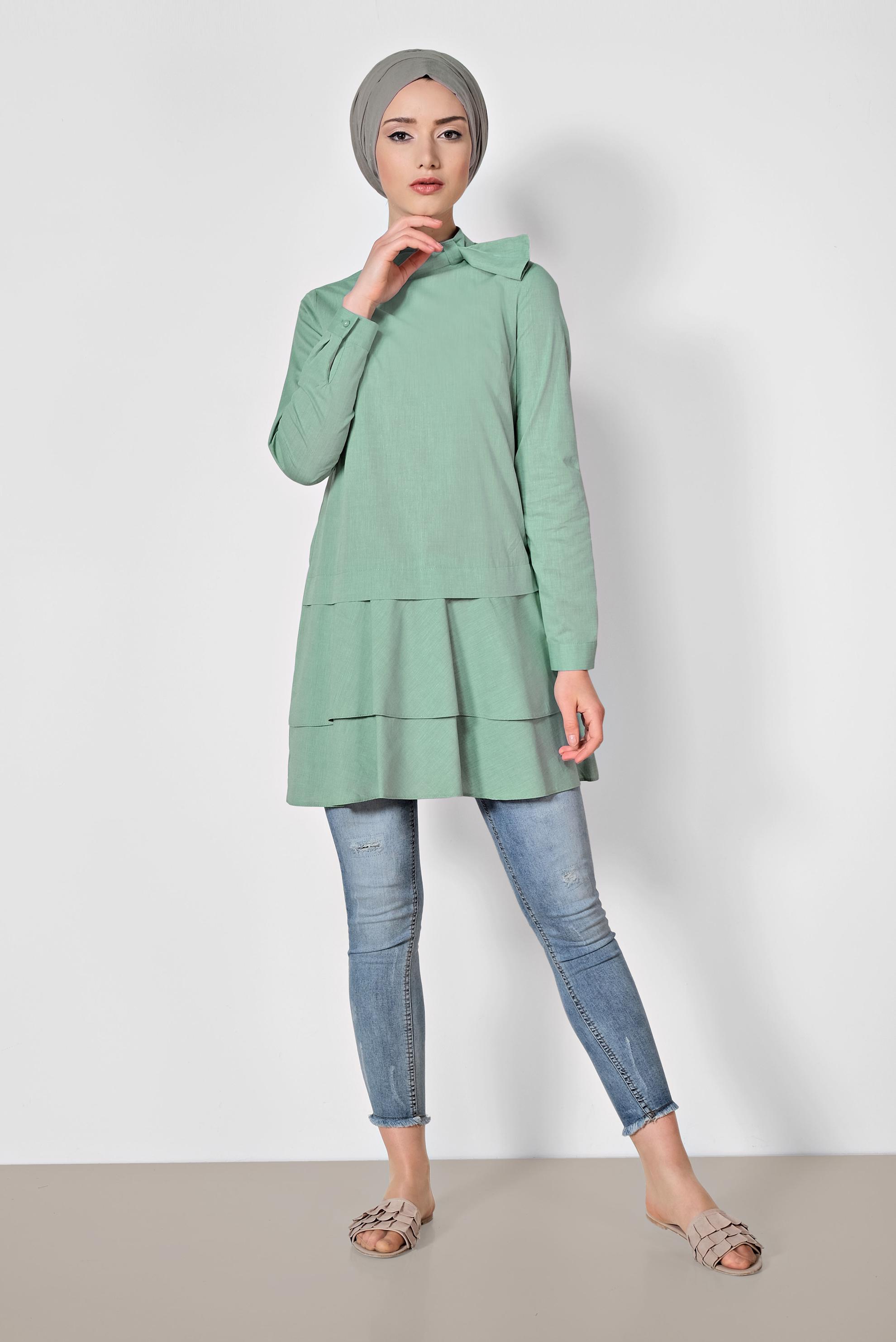 Tesettür giyim YEŞİL ETEK UCU VOLANLI PAMUKLU TUNİK 4286