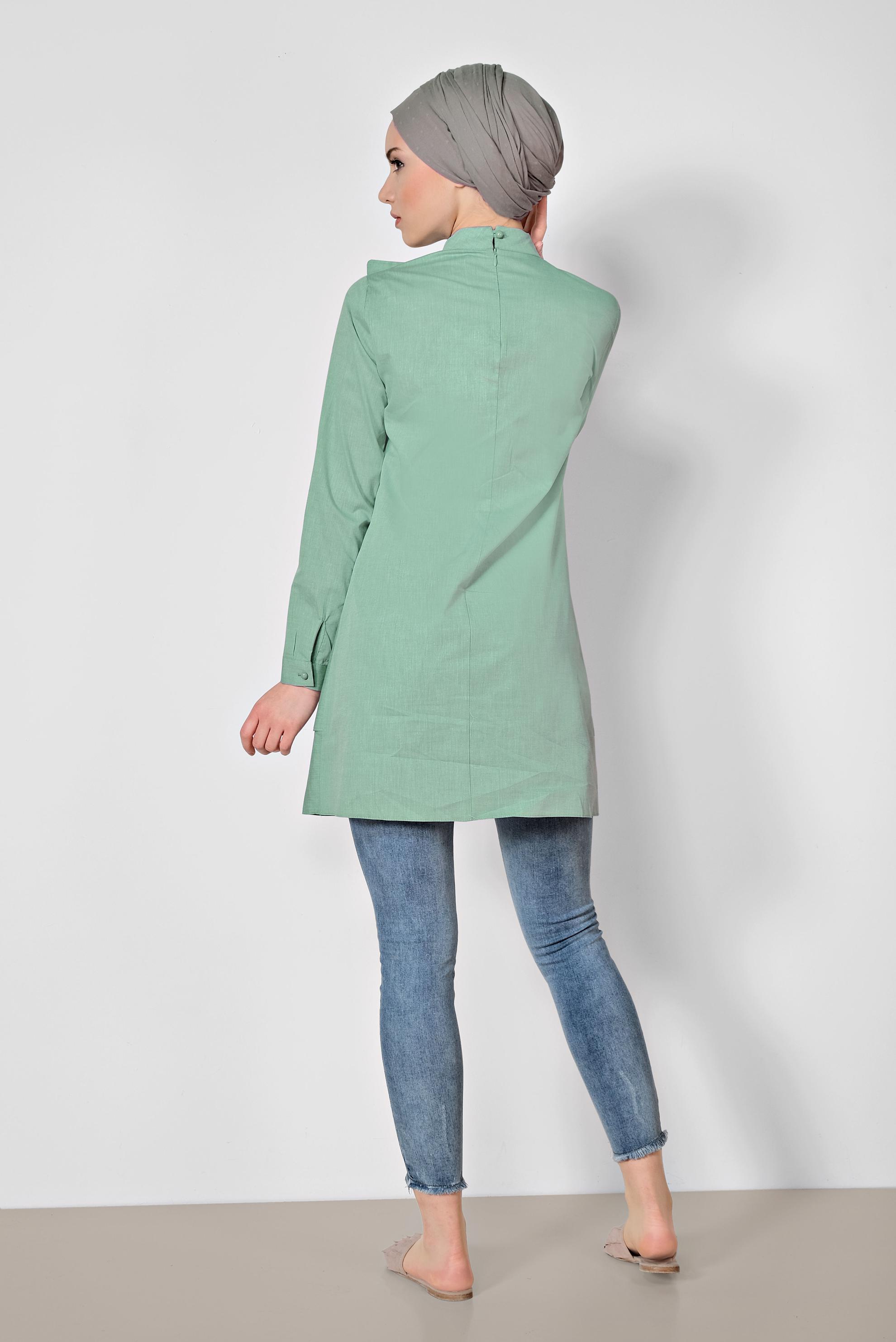 Tesettür giyim YEŞİL ETEK UCU VOLANLI PAMUKLU TUNİK 4286