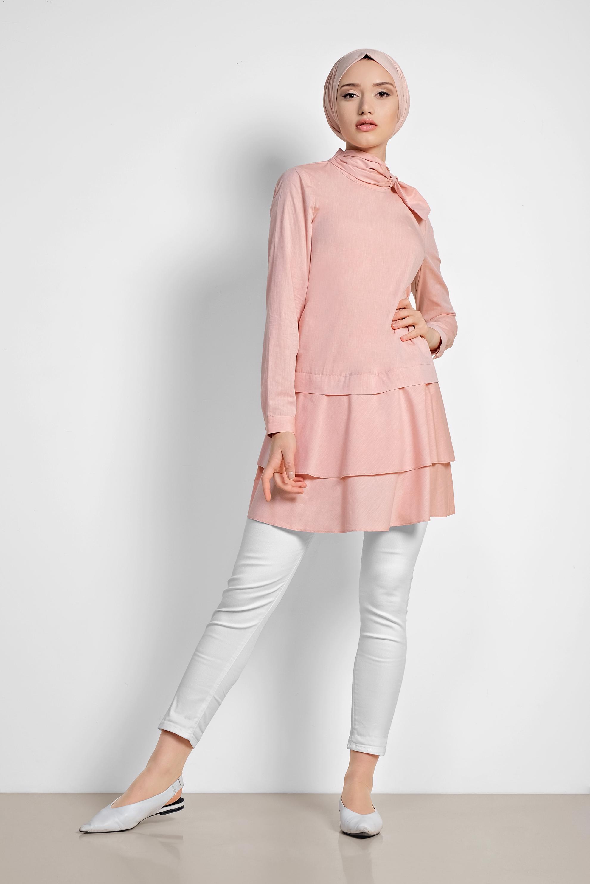 Tesettür giyim TURUNCU ETEK UCU VOLANLI PAMUKLU TUNİK 4286