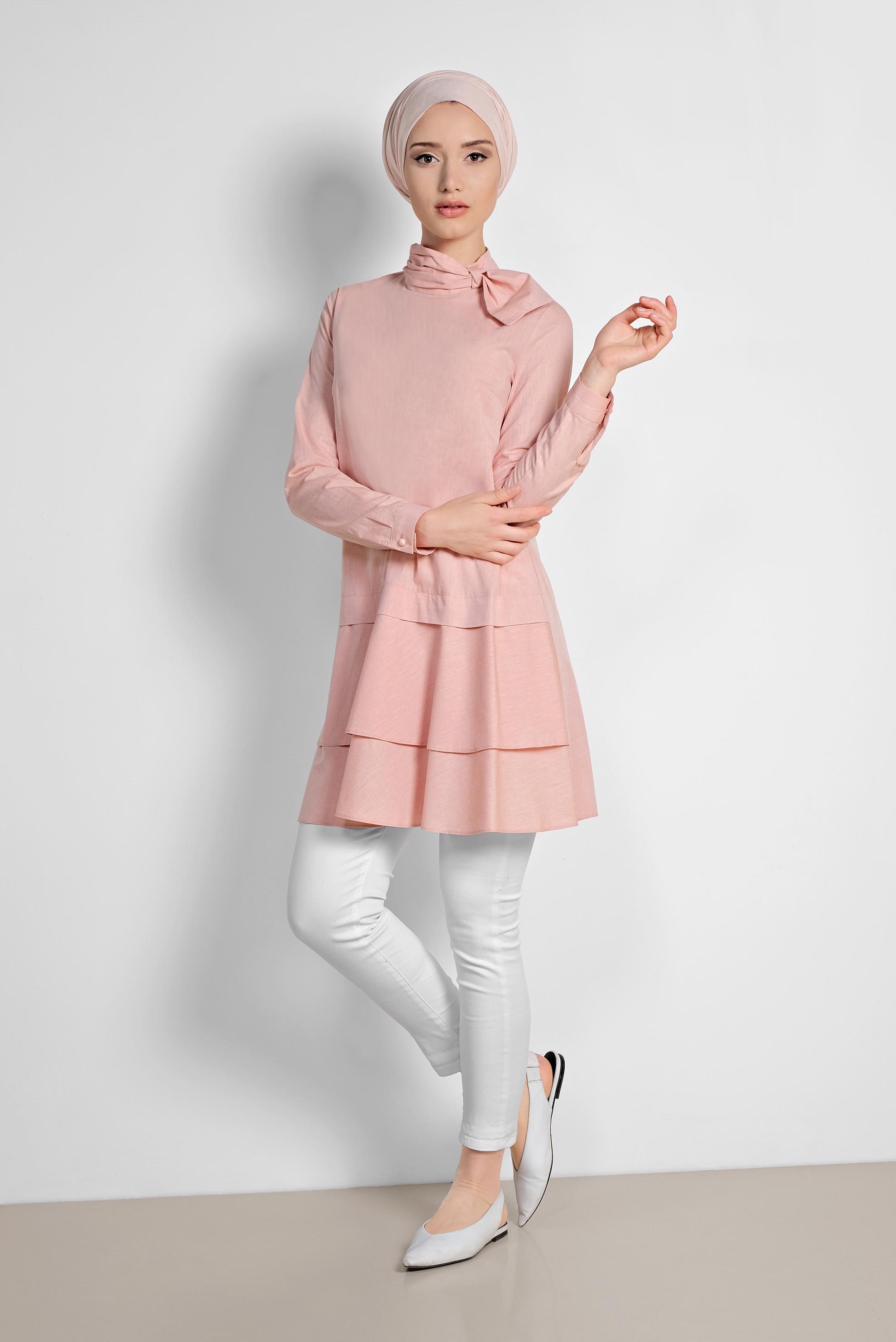 Tesettür giyim TURUNCU ETEK UCU VOLANLI PAMUKLU TUNİK 4286