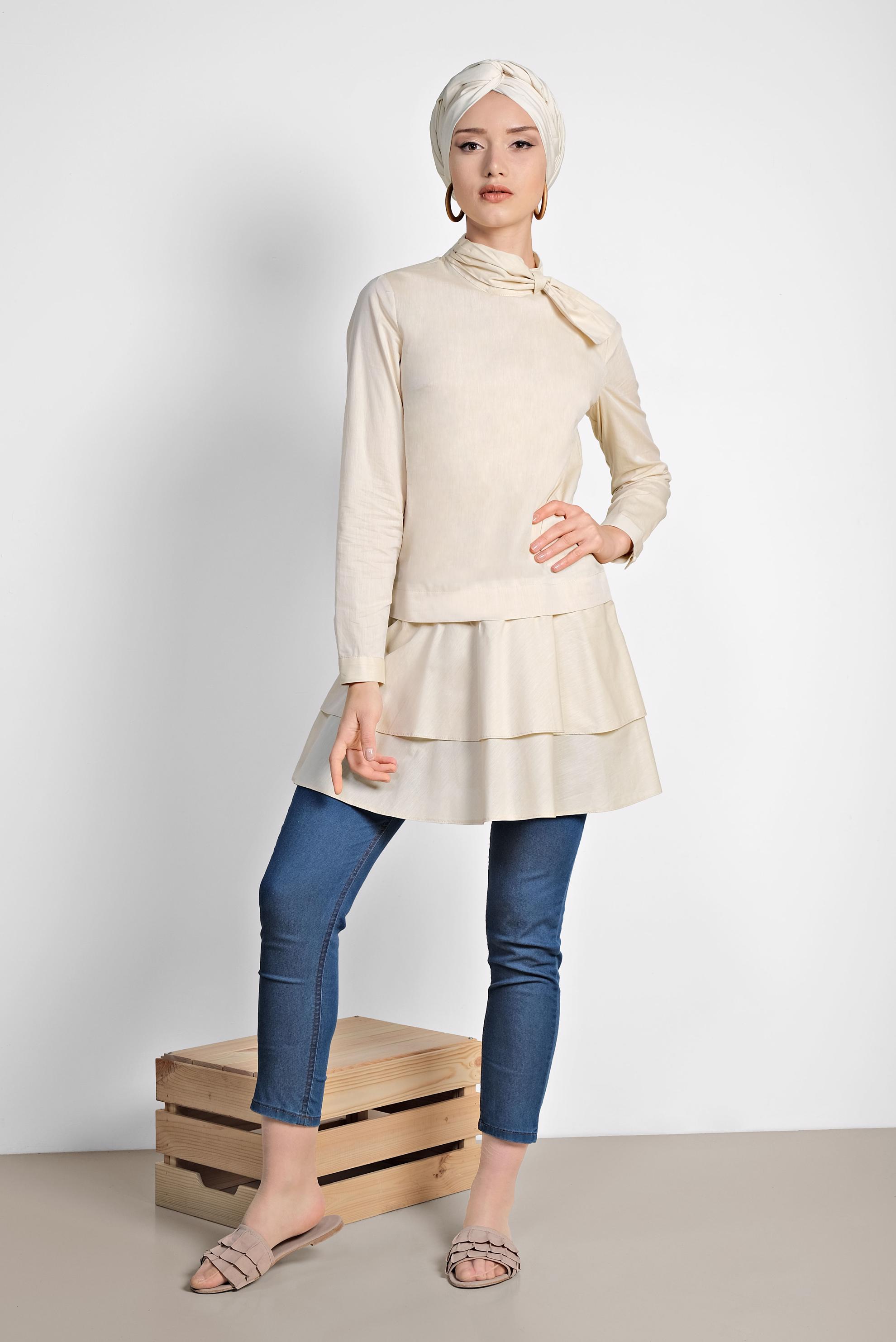 Tesettür giyim SARI ETEK UCU VOLANLI PAMUKLU TUNİK 4286