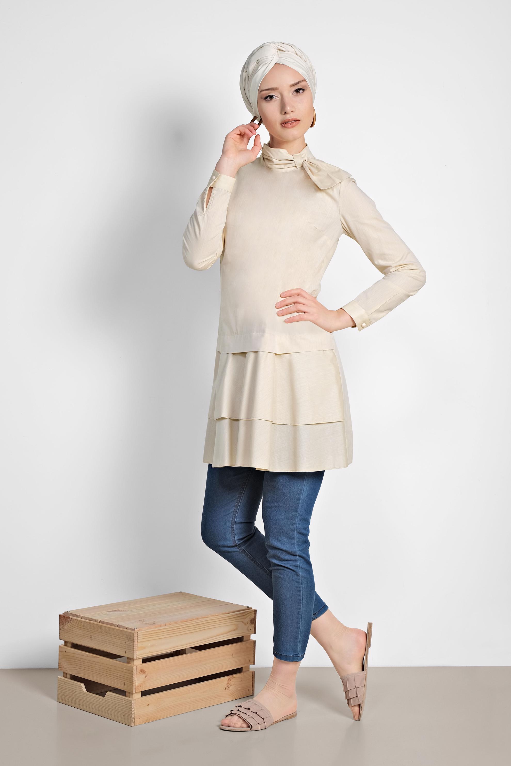 Tesettür giyim SARI ETEK UCU VOLANLI PAMUKLU TUNİK 4286