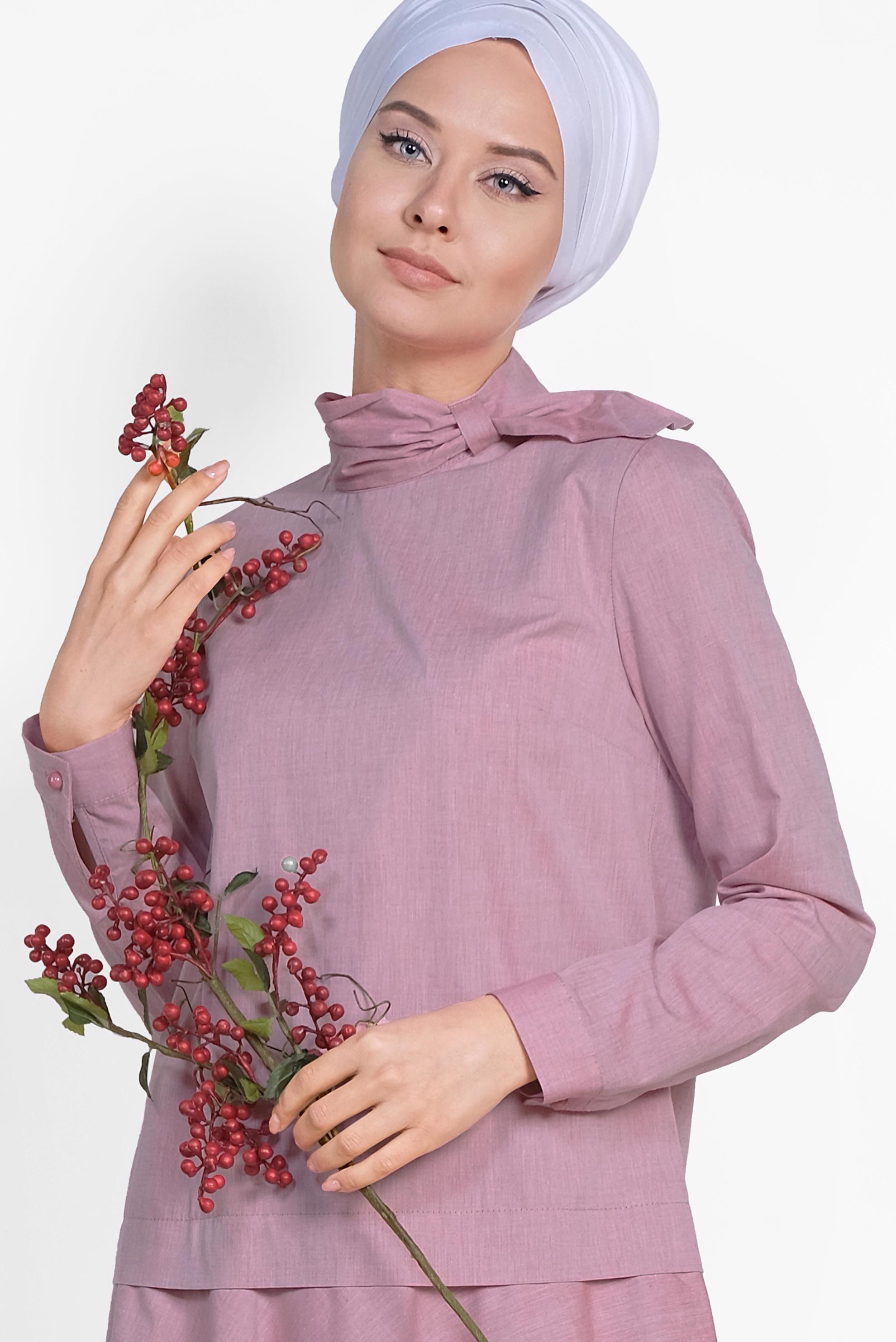 Tesettür giyim BORDO ETEK UCU VOLANLI PAMUKLU TUNİK 4286