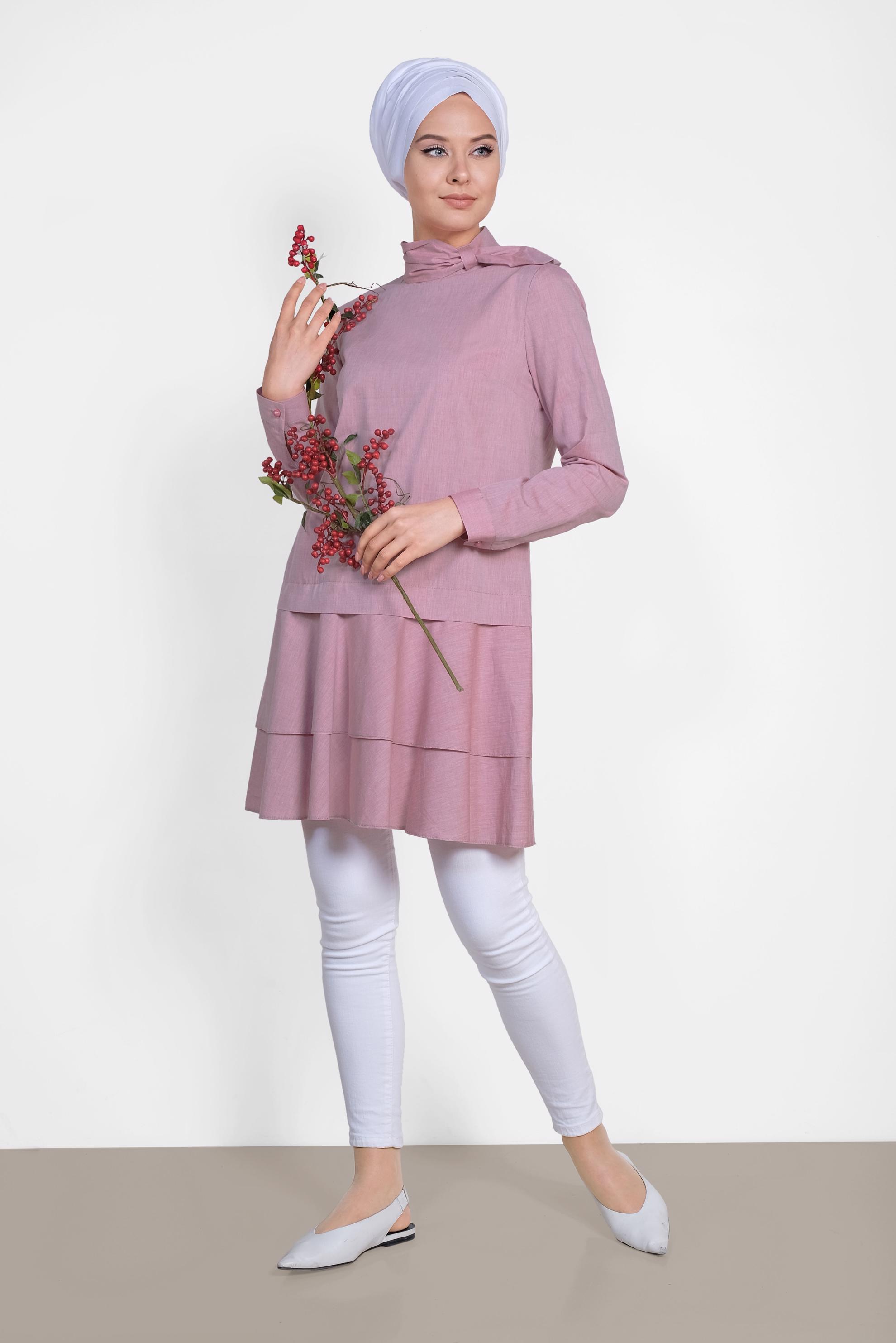 Tesettür giyim BORDO ETEK UCU VOLANLI PAMUKLU TUNİK 4286