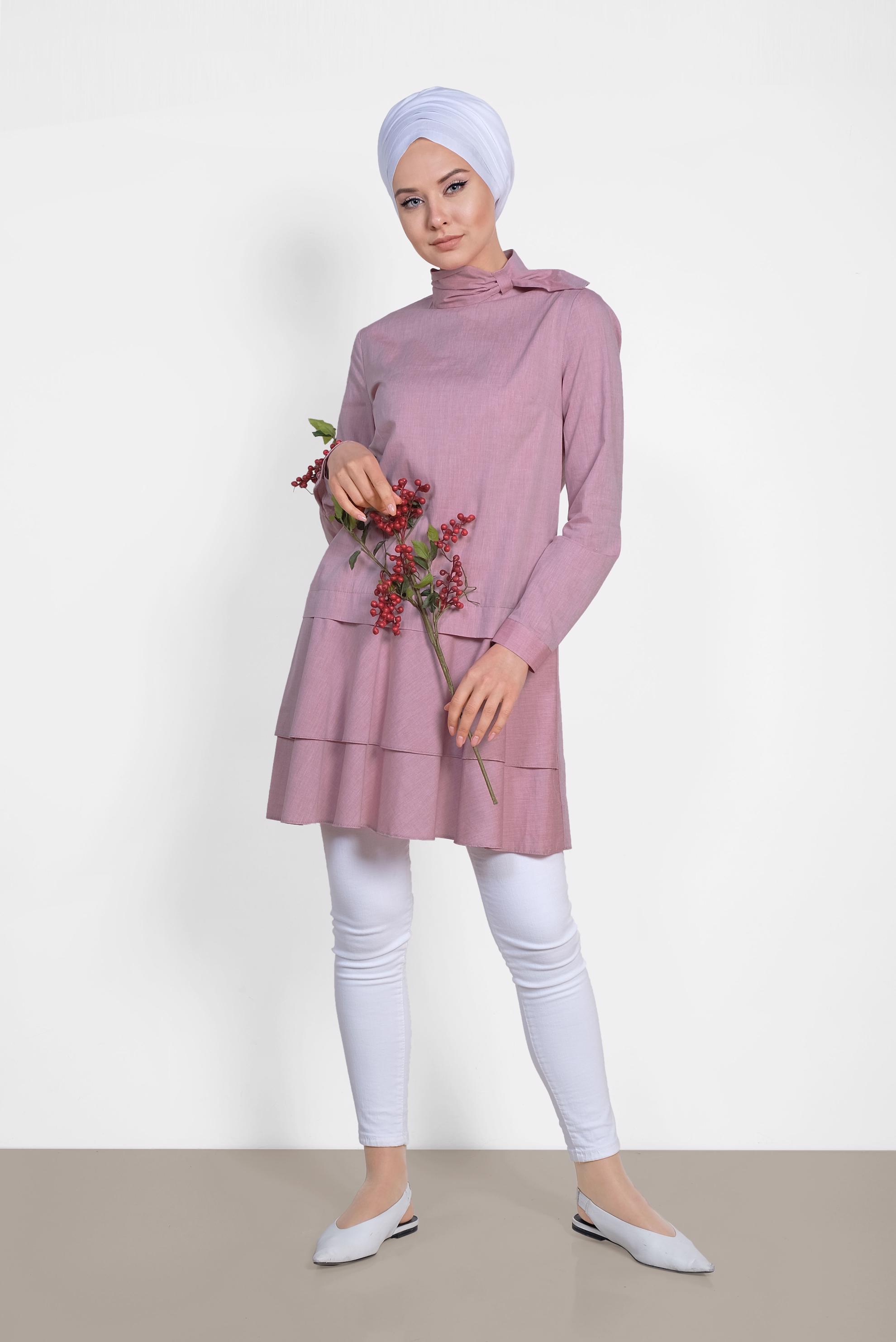 Tesettür giyim BORDO ETEK UCU VOLANLI PAMUKLU TUNİK 4286