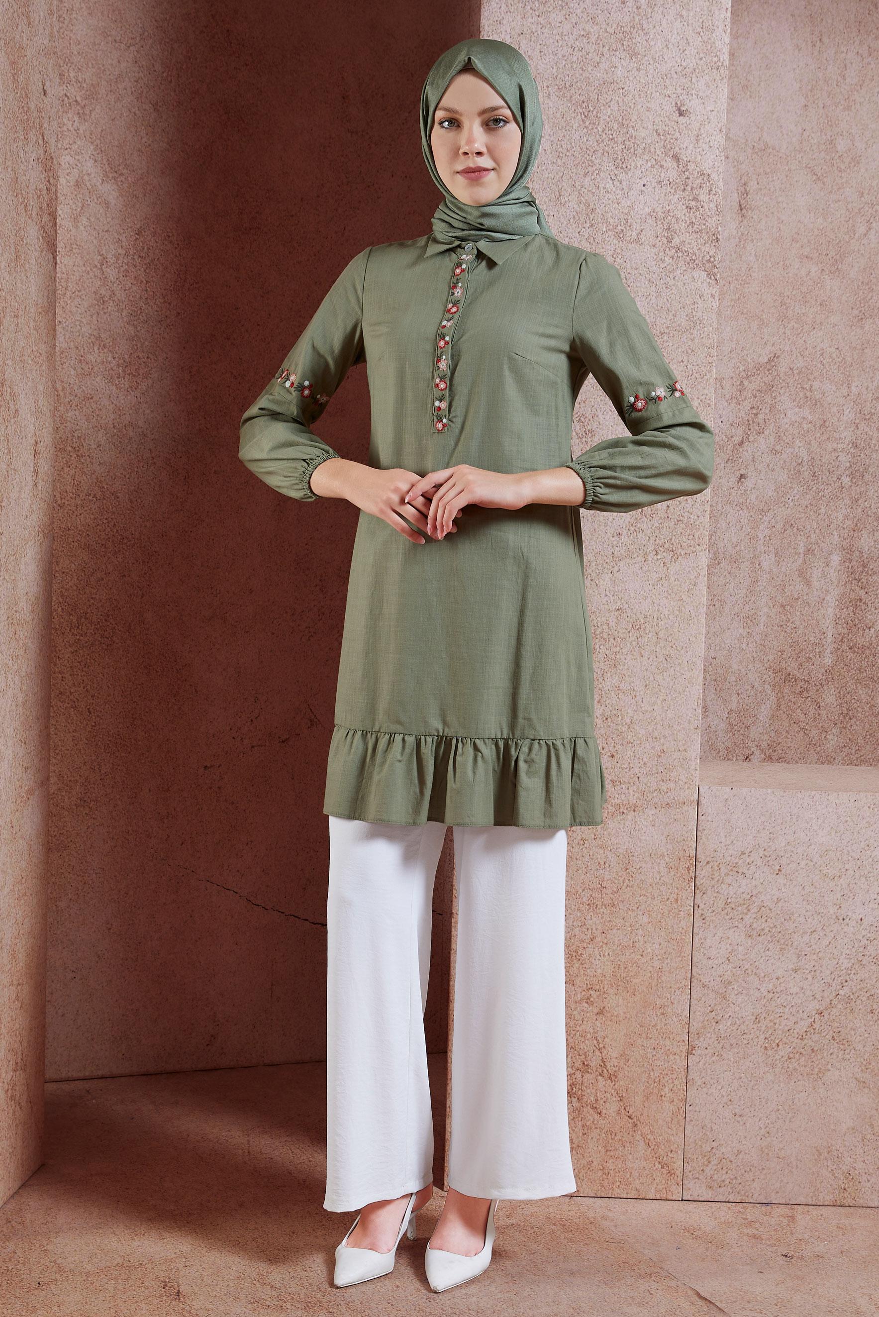 Tesettür giyim HAKİ NAKIŞ İŞLEMELİ KETEN TUNİK 4289