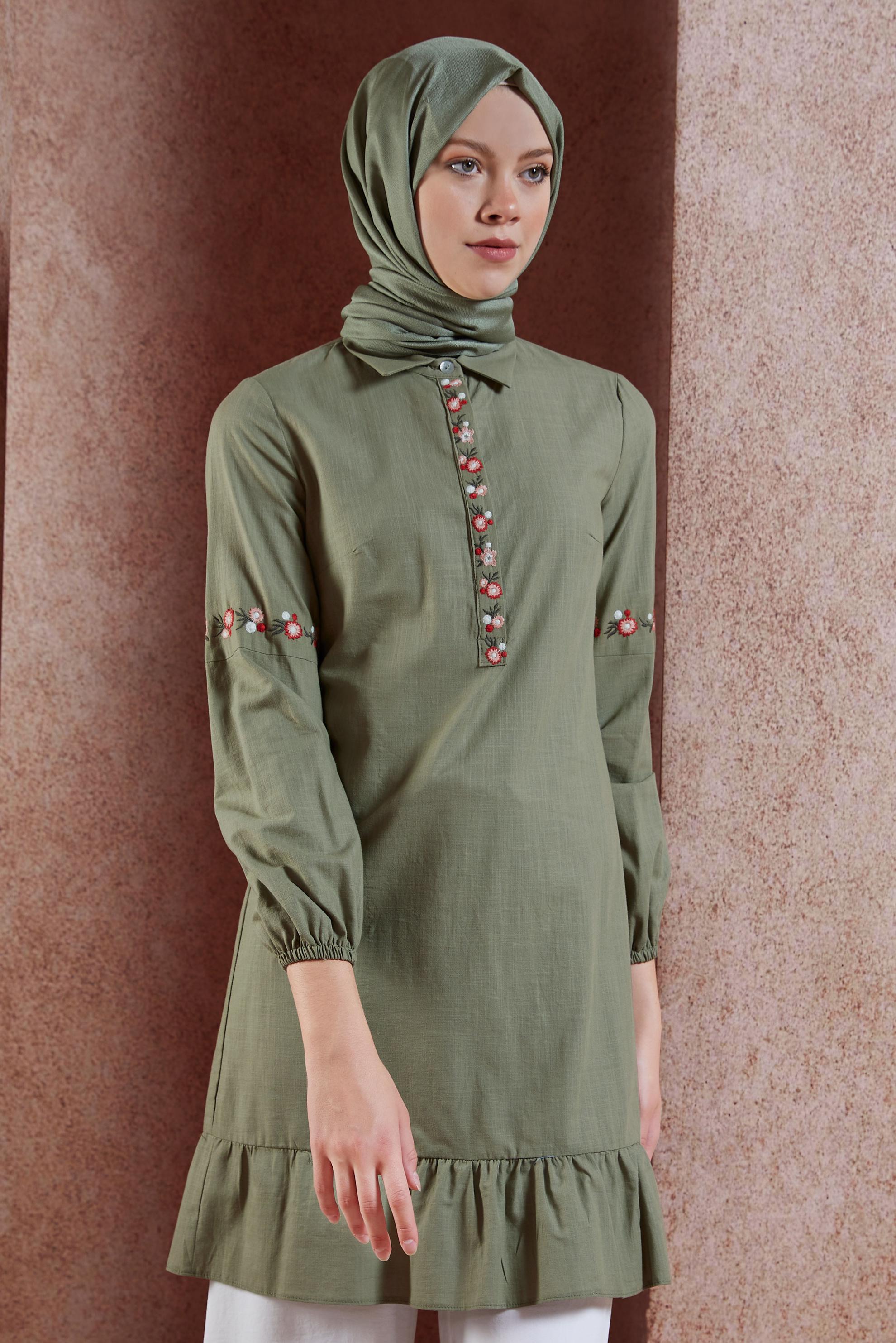 Tesettür giyim HAKİ NAKIŞ İŞLEMELİ KETEN TUNİK 4289