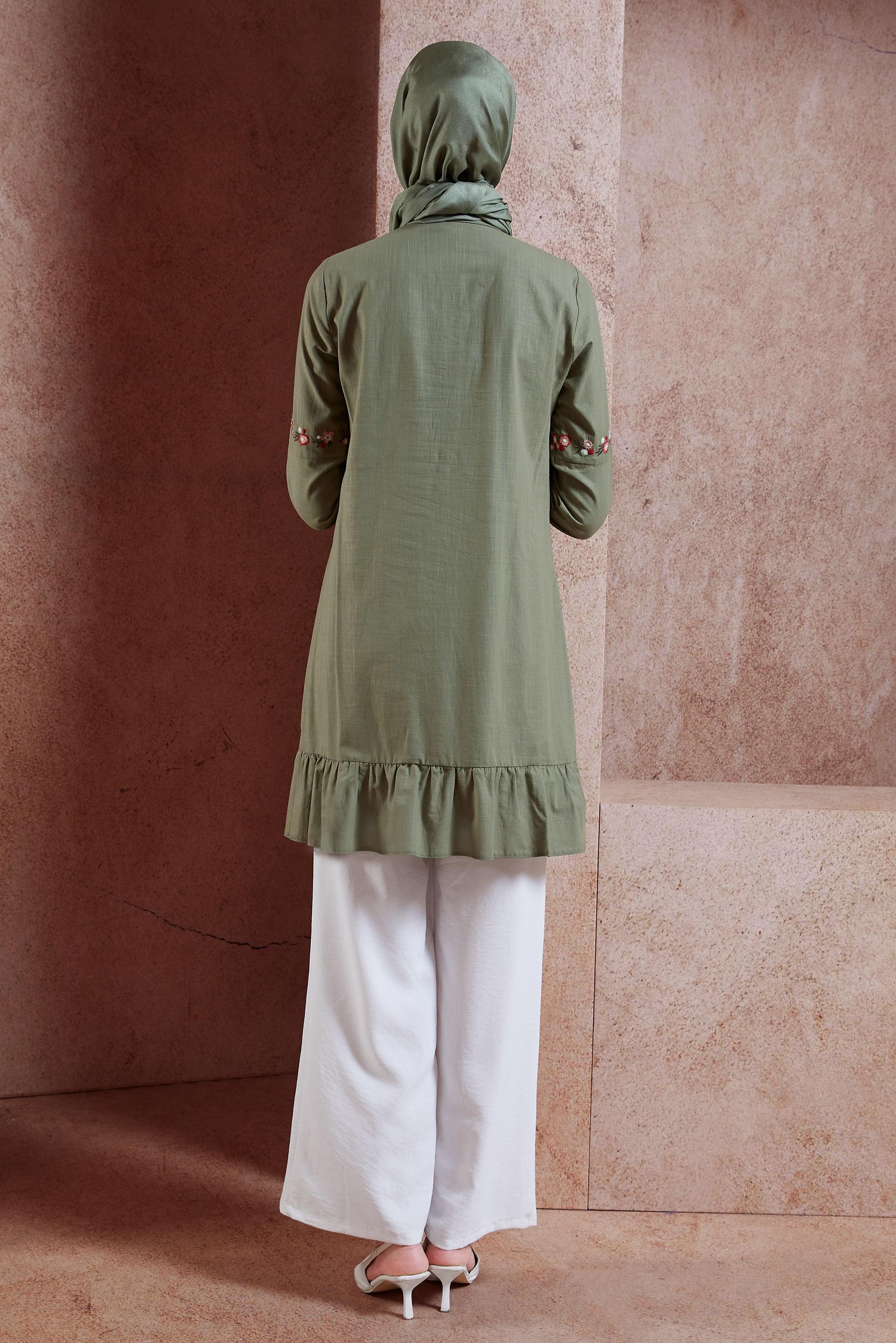 Tesettür giyim HAKİ NAKIŞ İŞLEMELİ KETEN TUNİK 4289