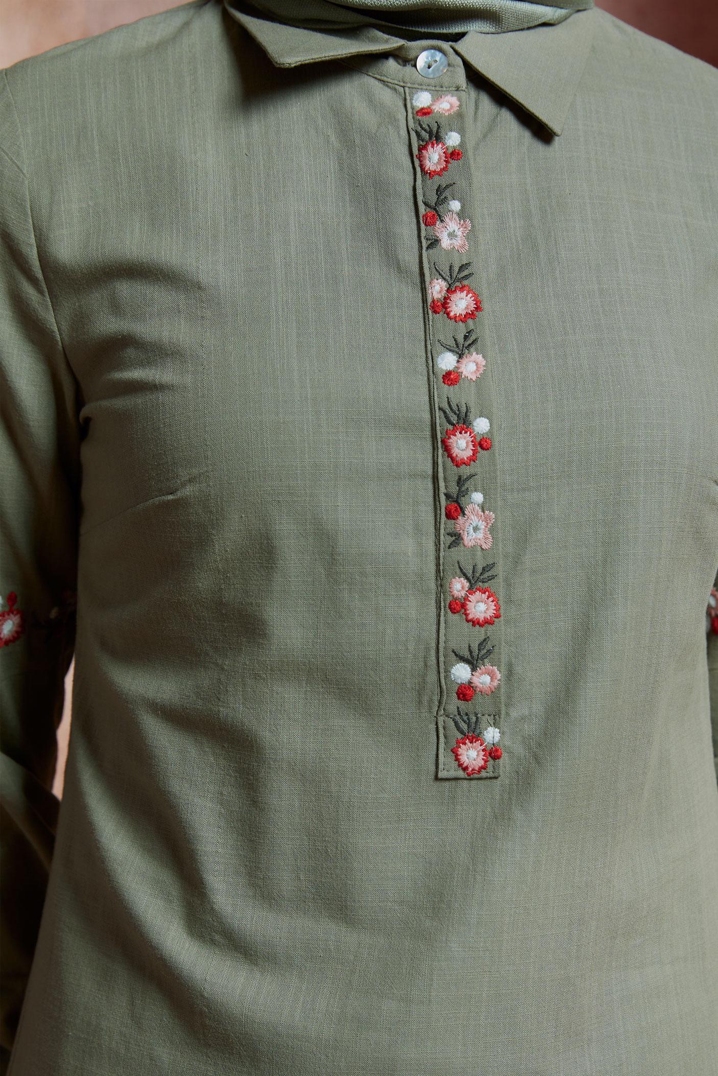 Tesettür giyim HAKİ NAKIŞ İŞLEMELİ KETEN TUNİK 4289