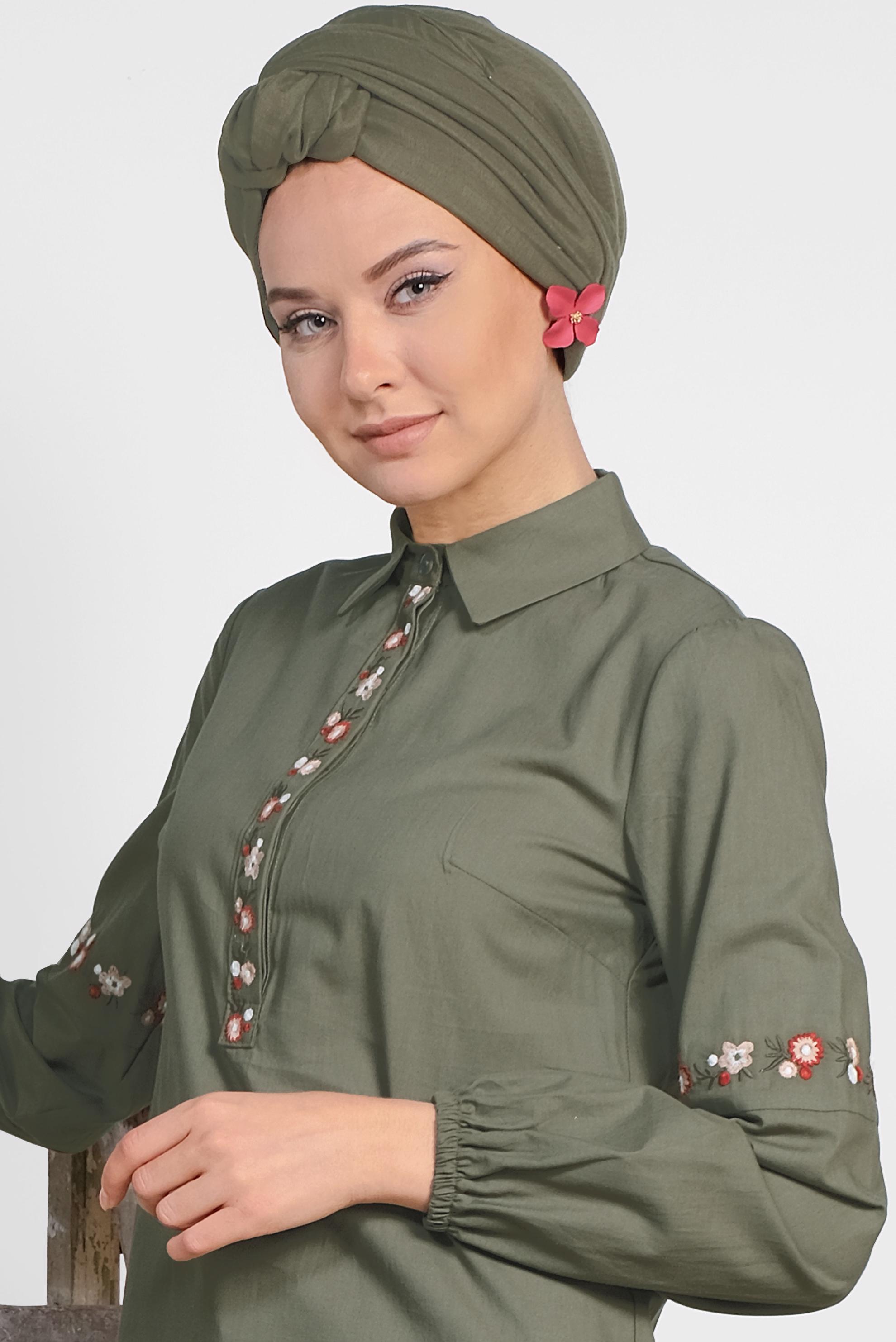 Tesettür giyim HAKİ NAKIŞ İŞLEMELİ KETEN TUNİK 4289