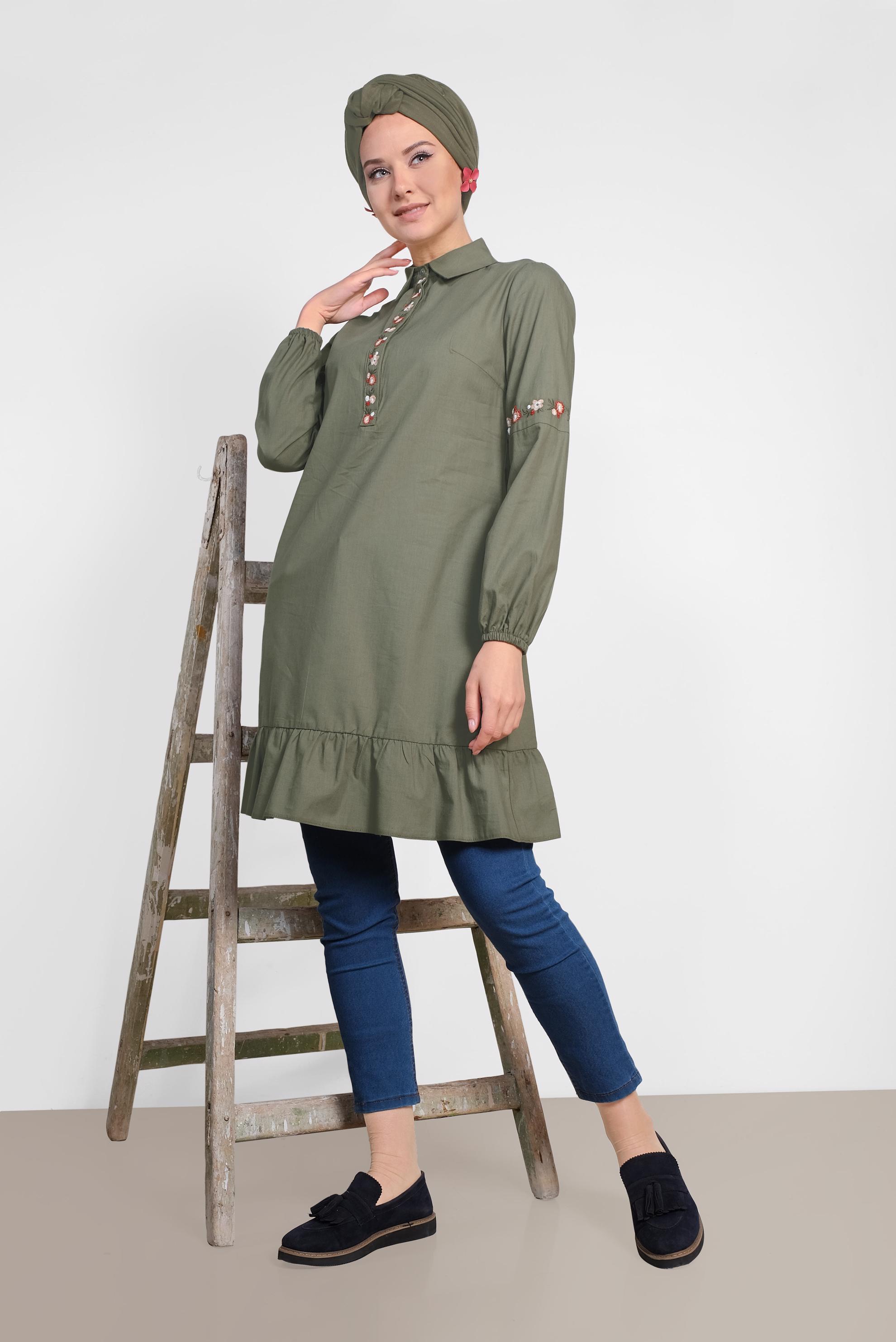 Tesettür giyim HAKİ NAKIŞ İŞLEMELİ KETEN TUNİK 4289