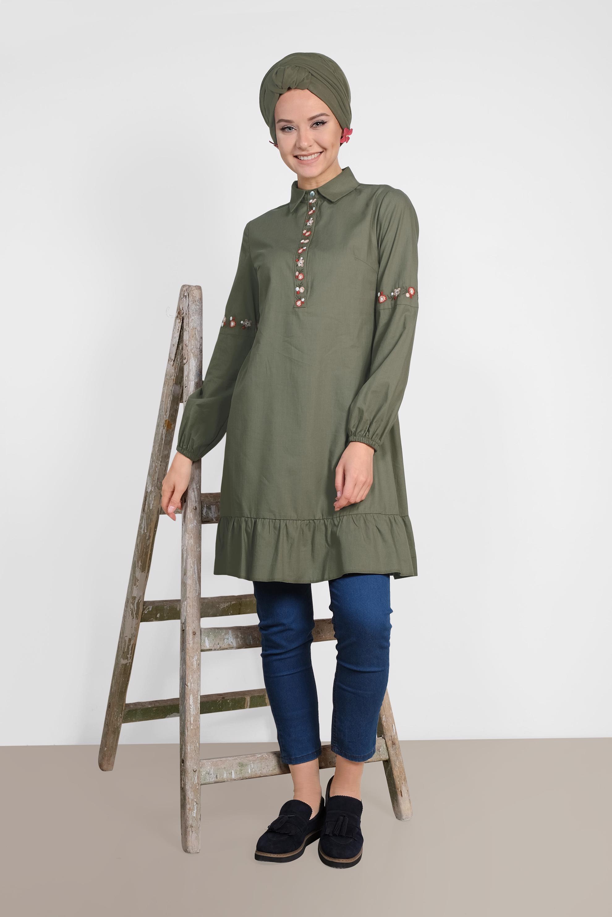 Tesettür giyim HAKİ NAKIŞ İŞLEMELİ KETEN TUNİK 4289