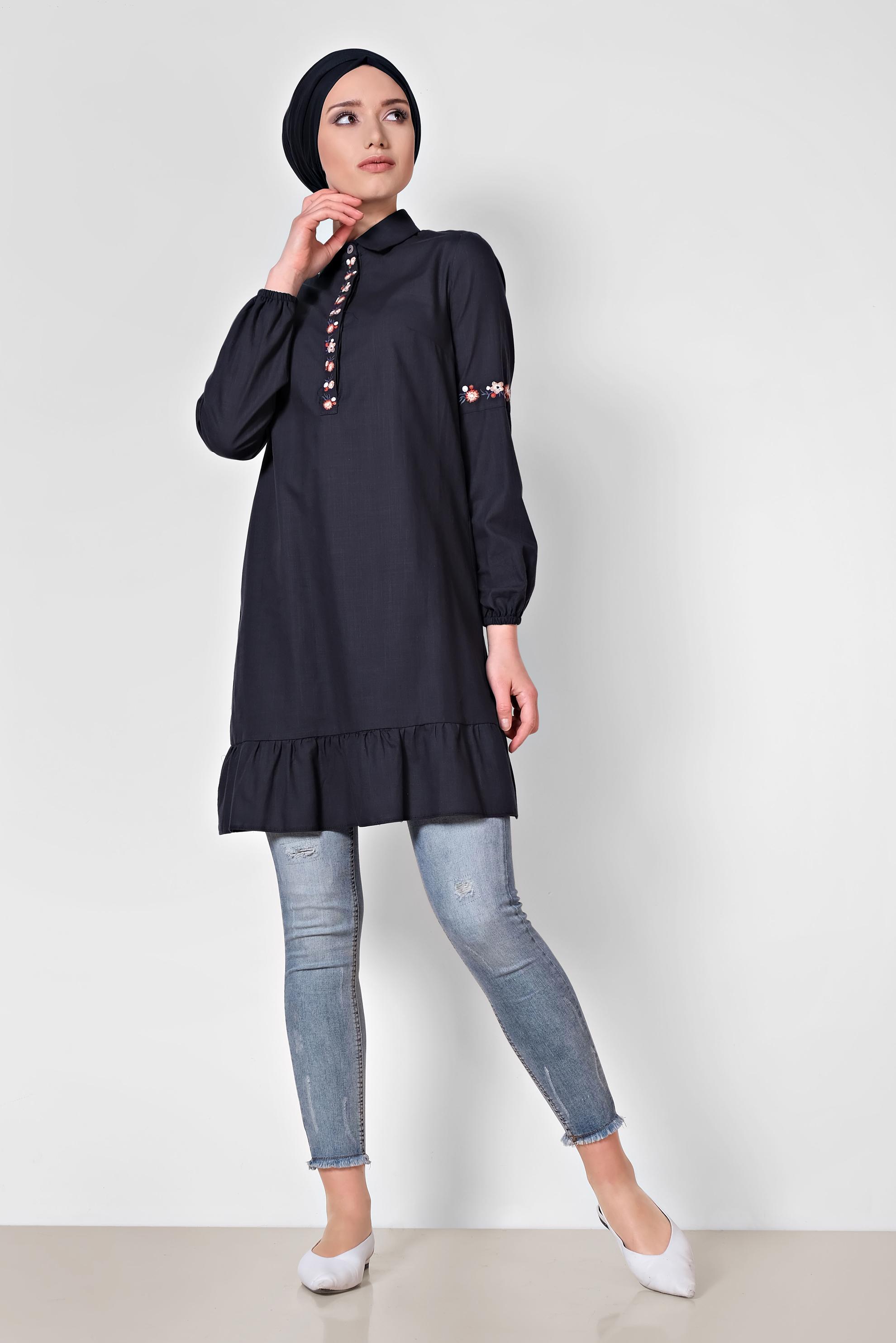 Tesettür giyim LACİVERT NAKIŞ İŞLEMELİ KETEN TUNİK 4289