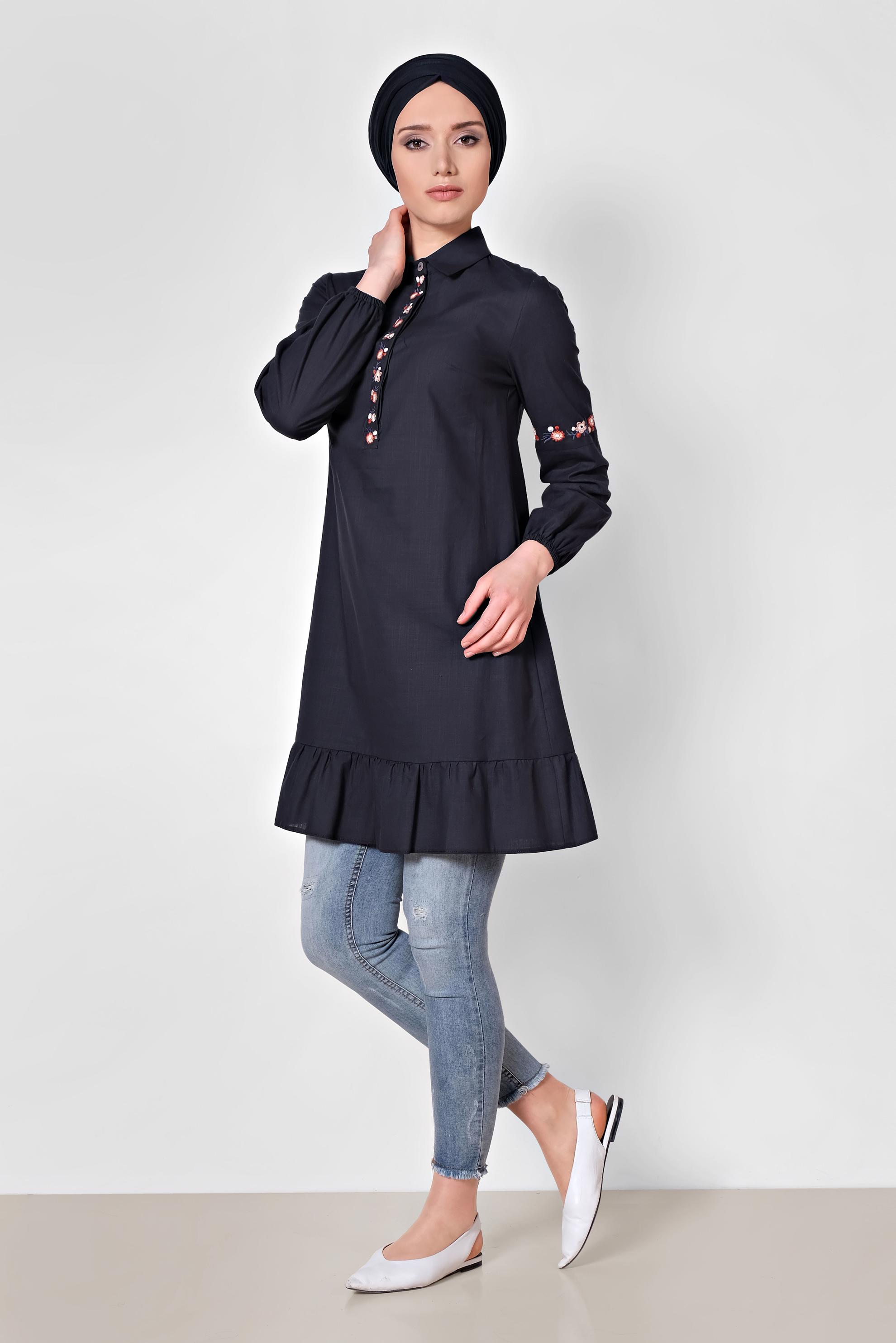 Tesettür giyim LACİVERT NAKIŞ İŞLEMELİ KETEN TUNİK 4289