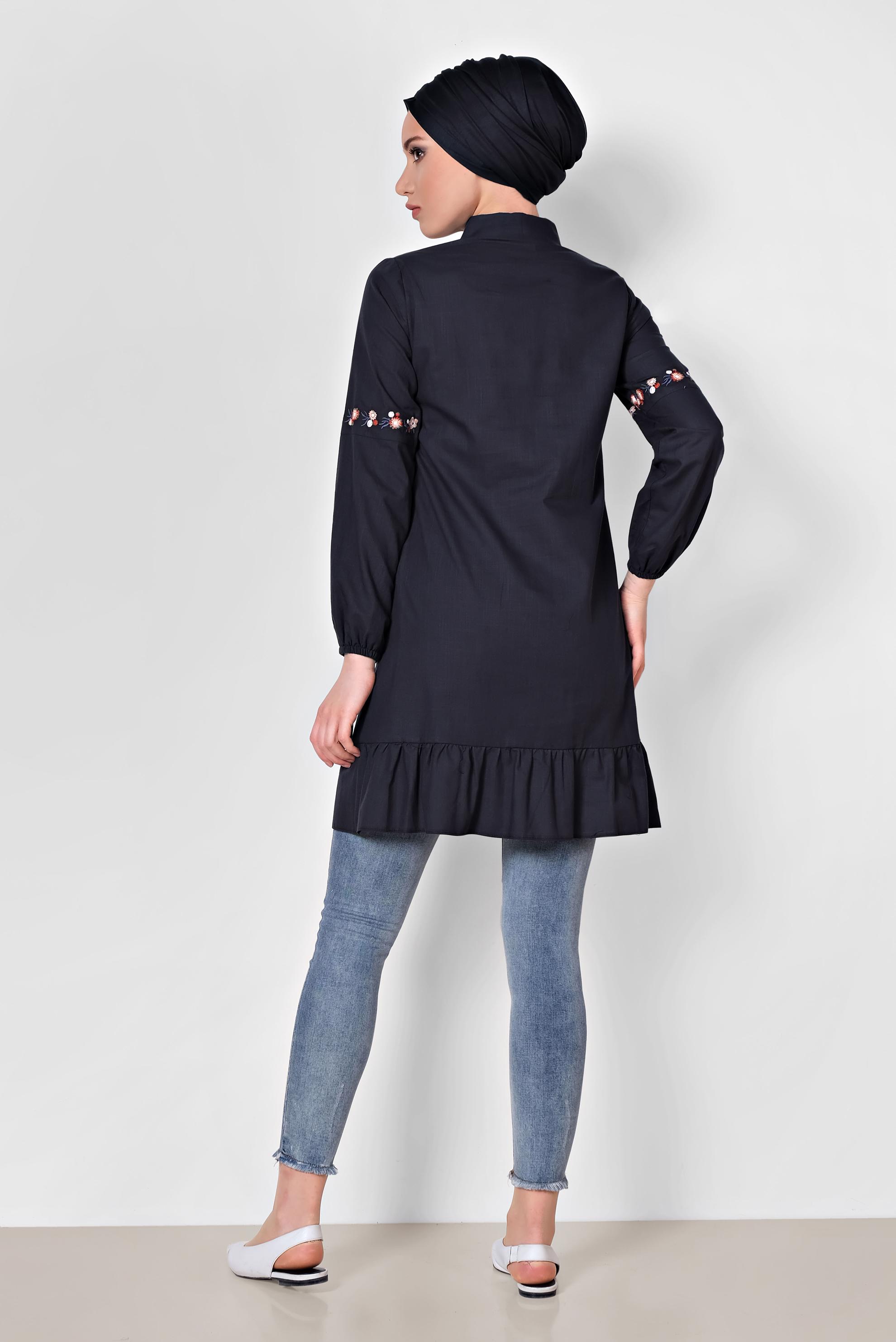 Tesettür giyim LACİVERT NAKIŞ İŞLEMELİ KETEN TUNİK 4289
