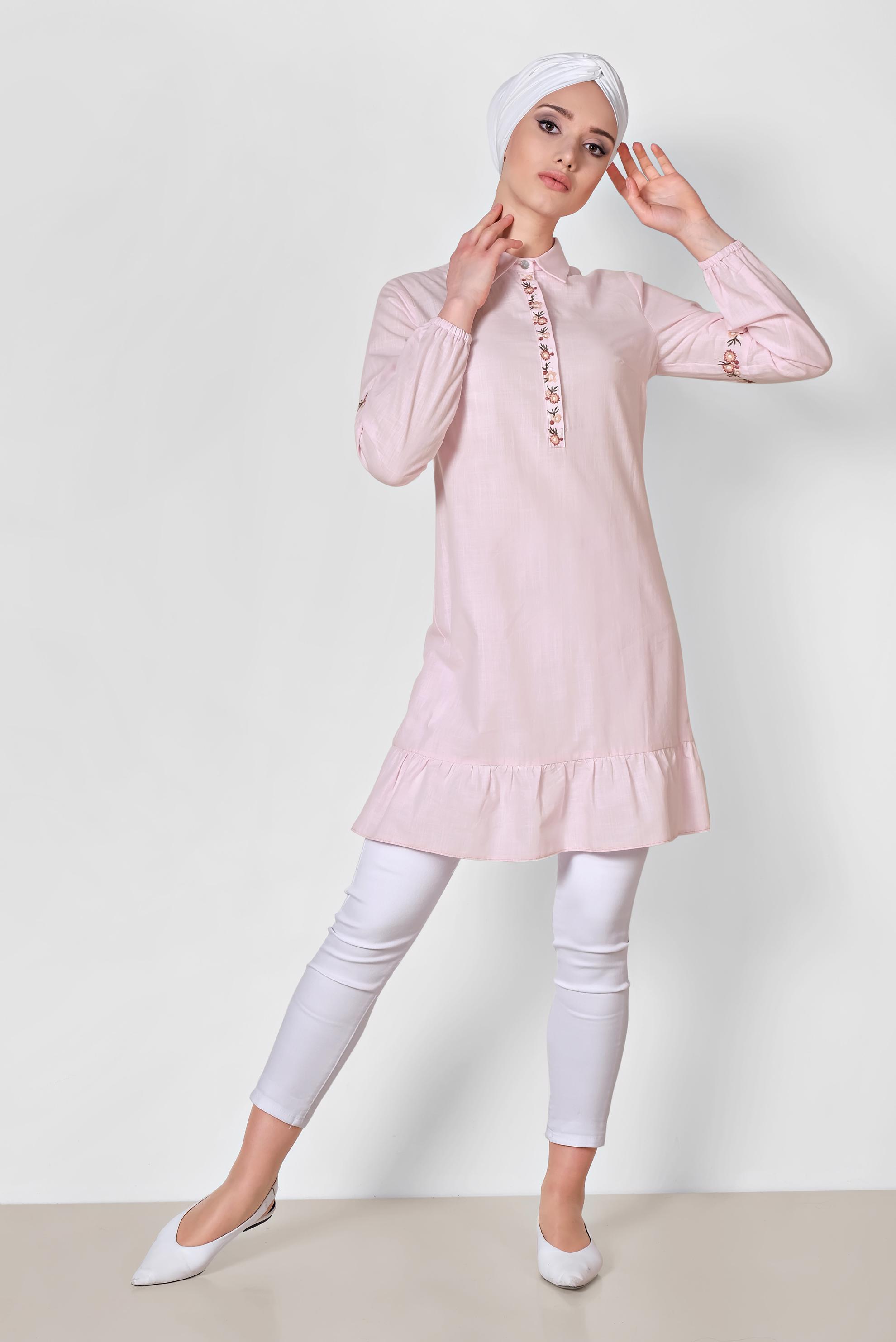 Tesettür giyim PEMBE NAKIŞ İŞLEMELİ KETEN TUNİK 4289