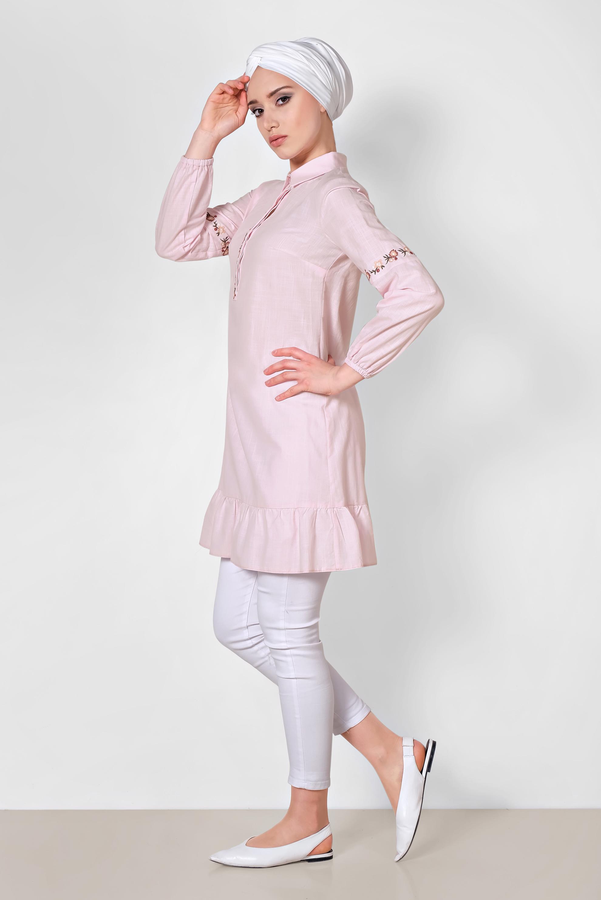 Tesettür giyim PEMBE NAKIŞ İŞLEMELİ KETEN TUNİK 4289
