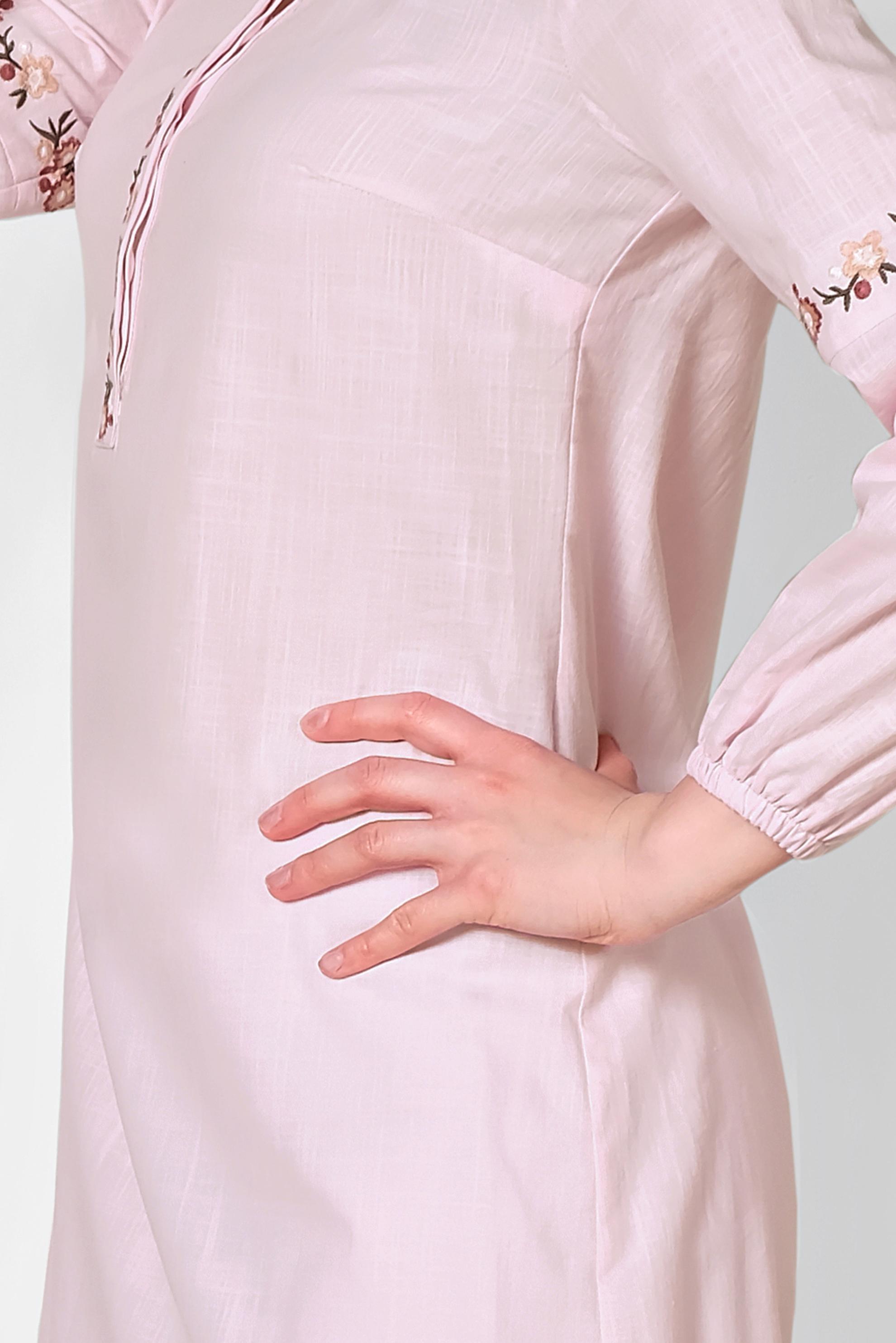 Tesettür giyim PEMBE NAKIŞ İŞLEMELİ KETEN TUNİK 4289