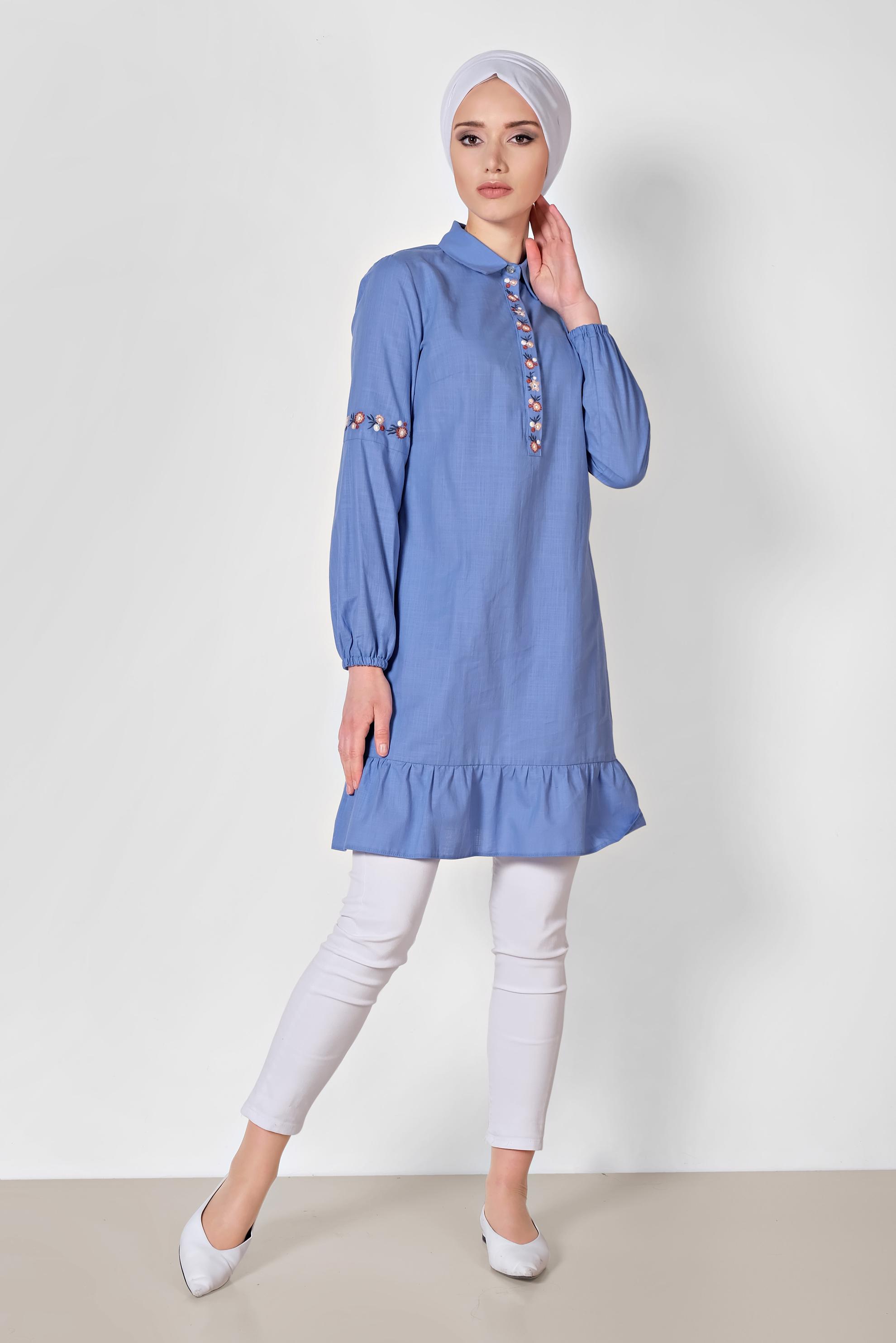 Tesettür giyim LACİVERT NAKIŞ İŞLEMELİ KETEN TUNİK 4289