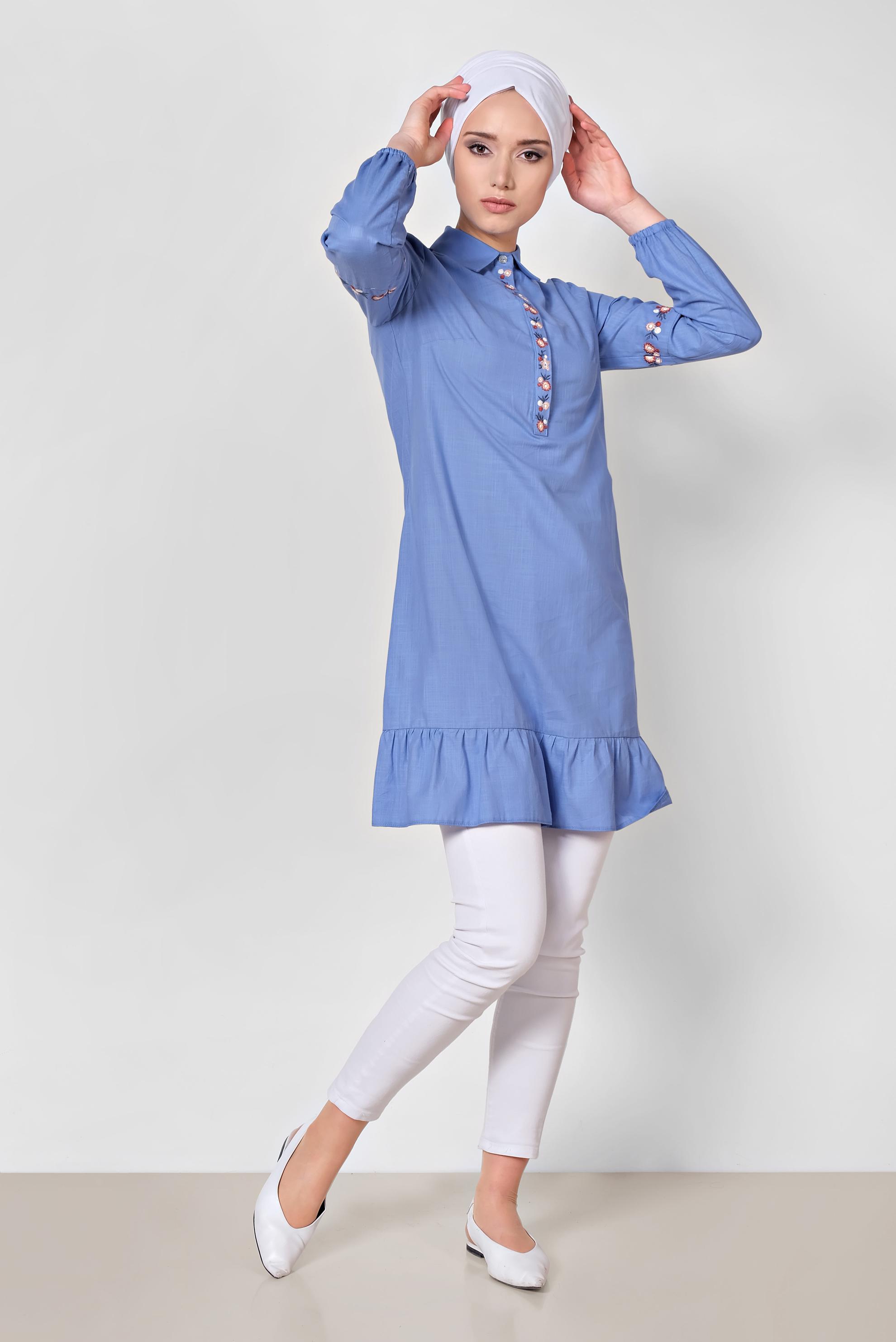 Tesettür giyim LACİVERT NAKIŞ İŞLEMELİ KETEN TUNİK 4289