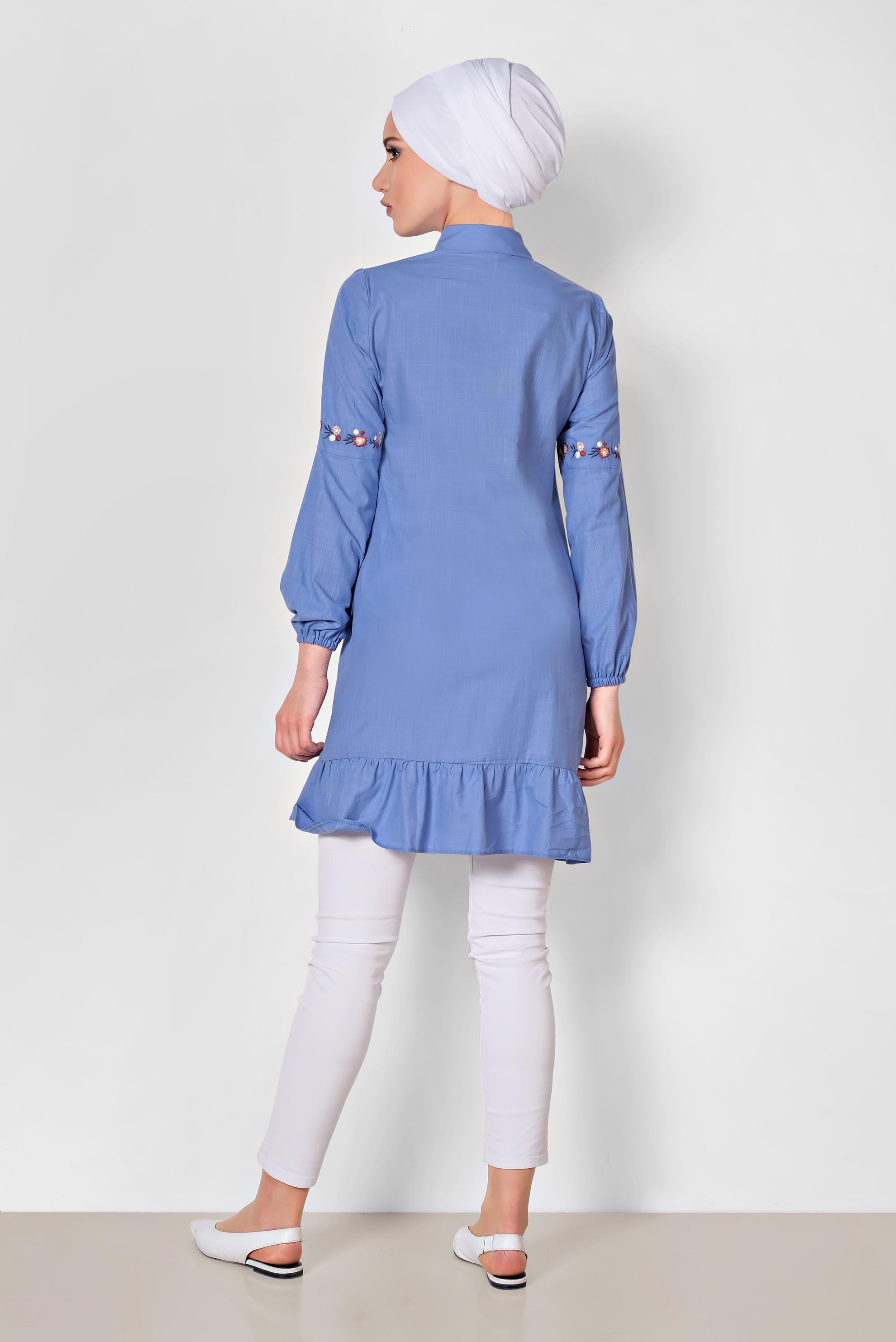 Tesettür giyim LACİVERT NAKIŞ İŞLEMELİ KETEN TUNİK 4289