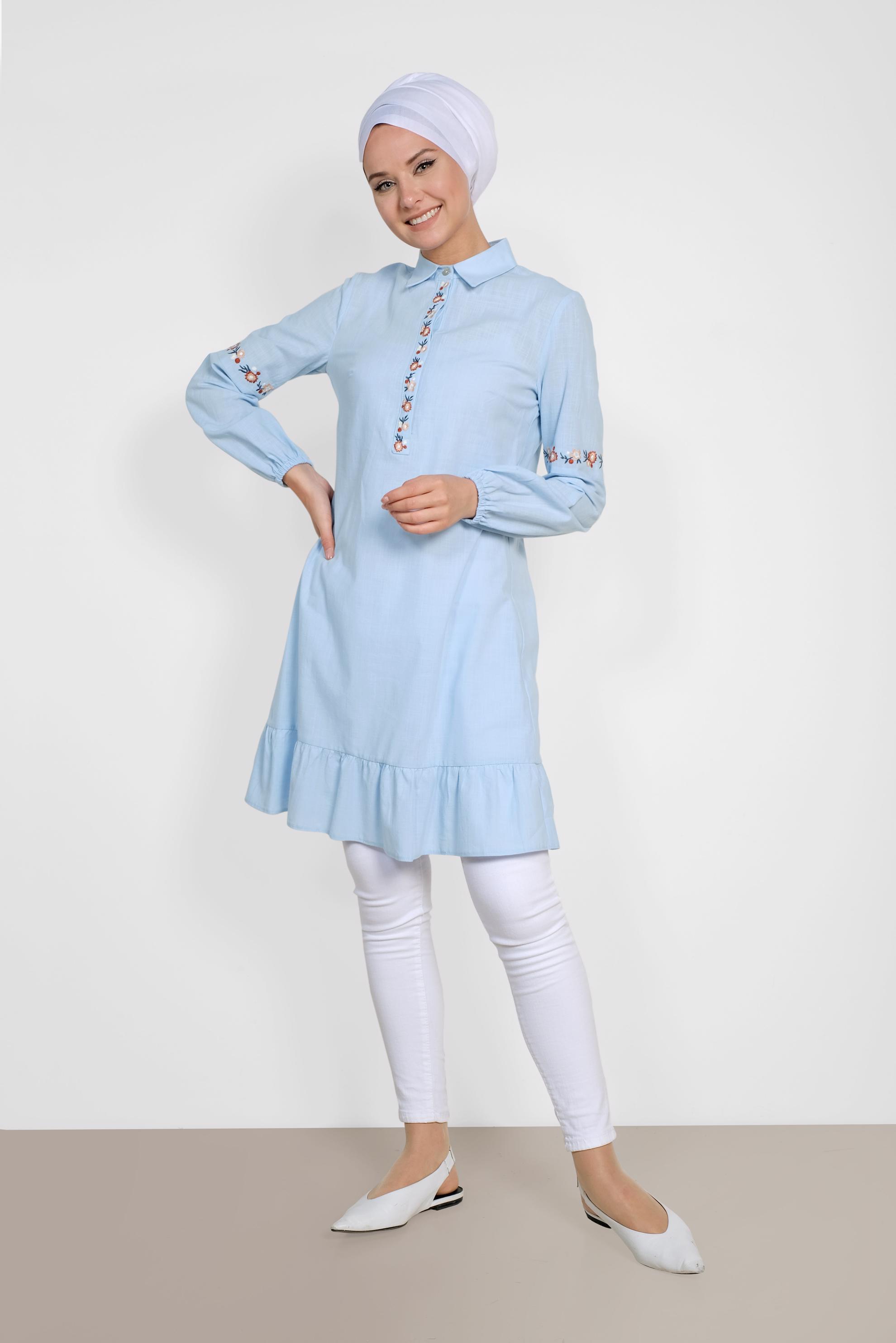 Tesettür giyim MAVİ NAKIŞ İŞLEMELİ KETEN TUNİK 4289