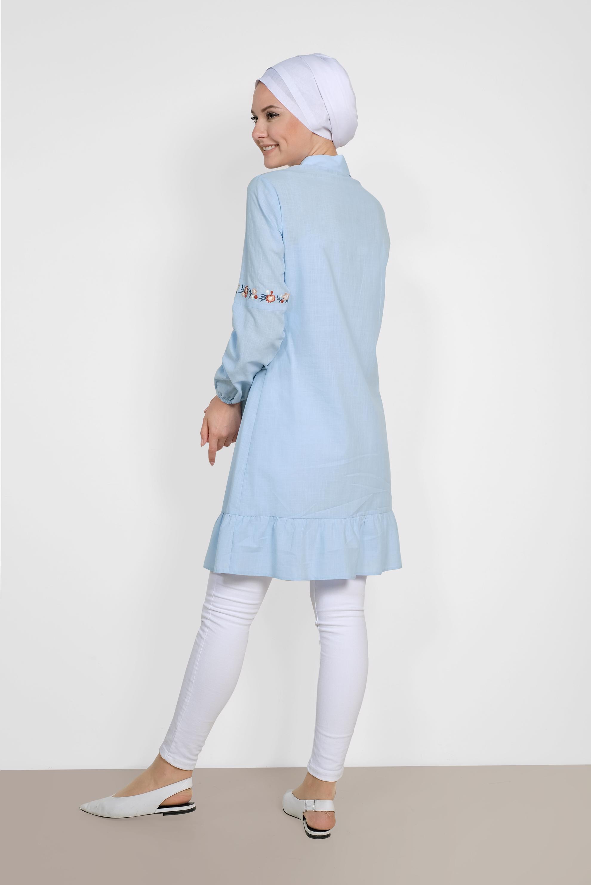 Tesettür giyim MAVİ NAKIŞ İŞLEMELİ KETEN TUNİK 4289