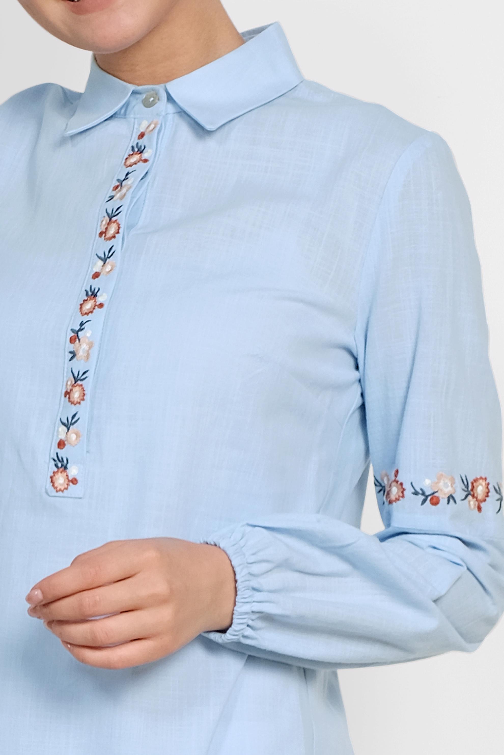 Tesettür giyim MAVİ NAKIŞ İŞLEMELİ KETEN TUNİK 4289