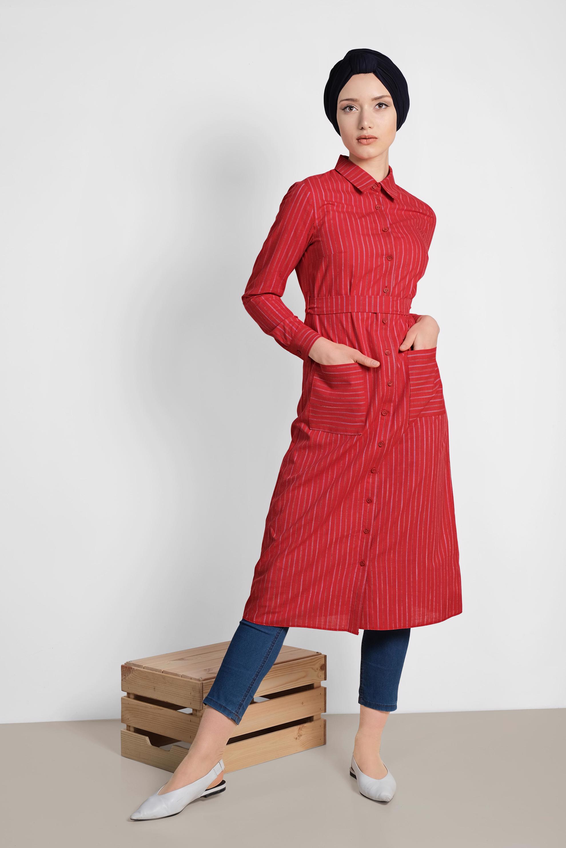 Tesettür giyim KIRMIZI ÇİZGİ DESENLİ TUNİK 4290