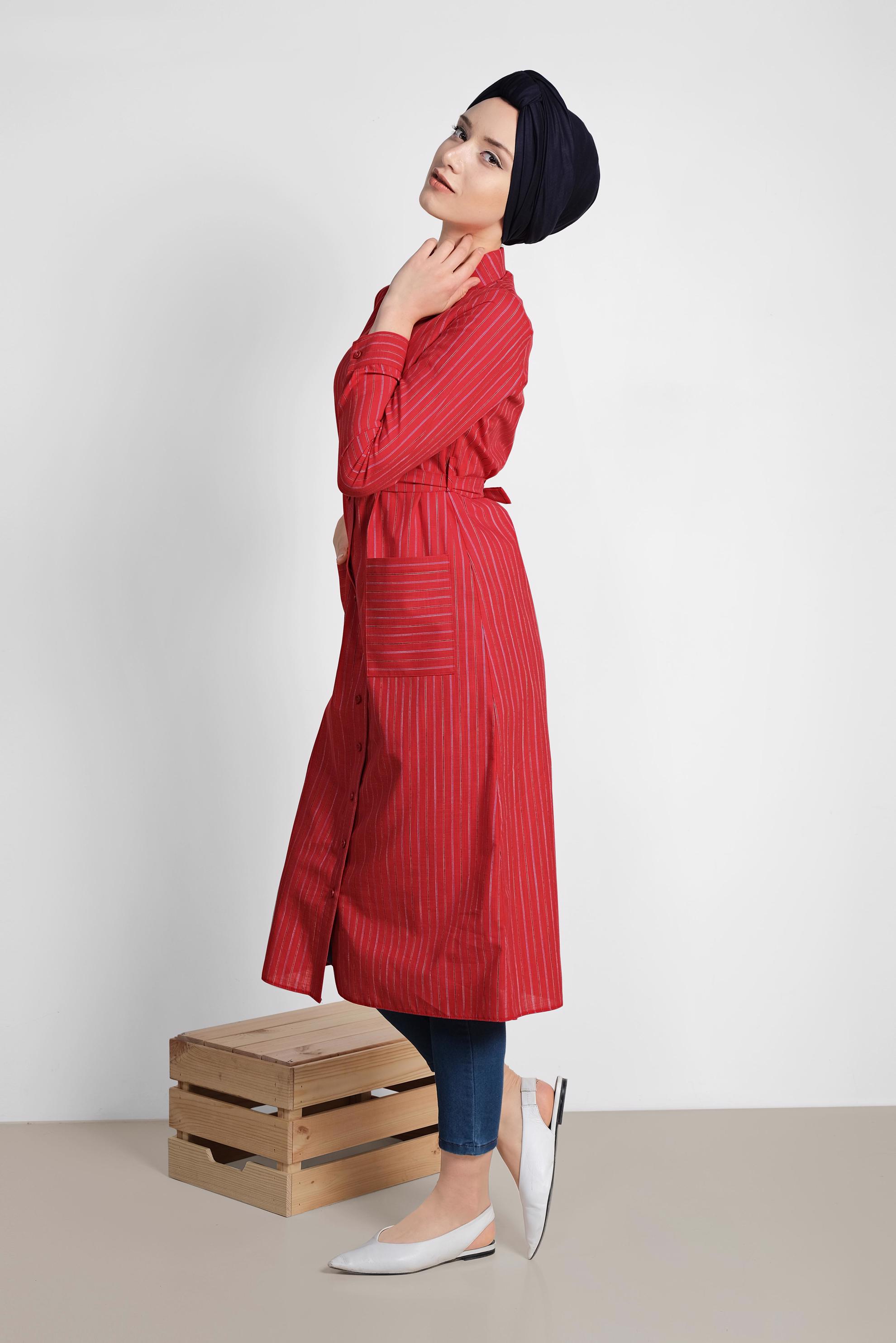 Tesettür giyim KIRMIZI ÇİZGİ DESENLİ TUNİK 4290