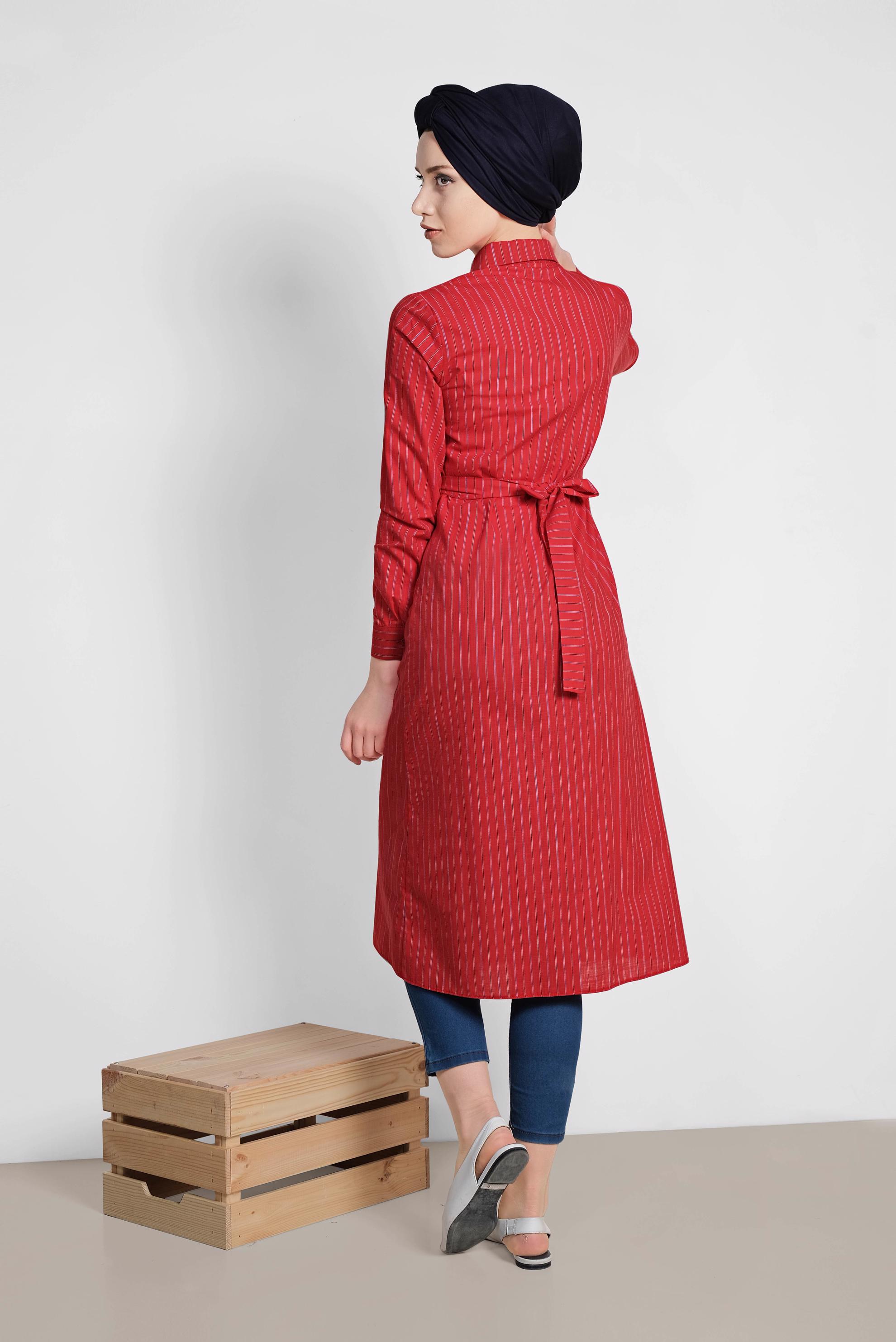 Tesettür giyim KIRMIZI ÇİZGİ DESENLİ TUNİK 4290