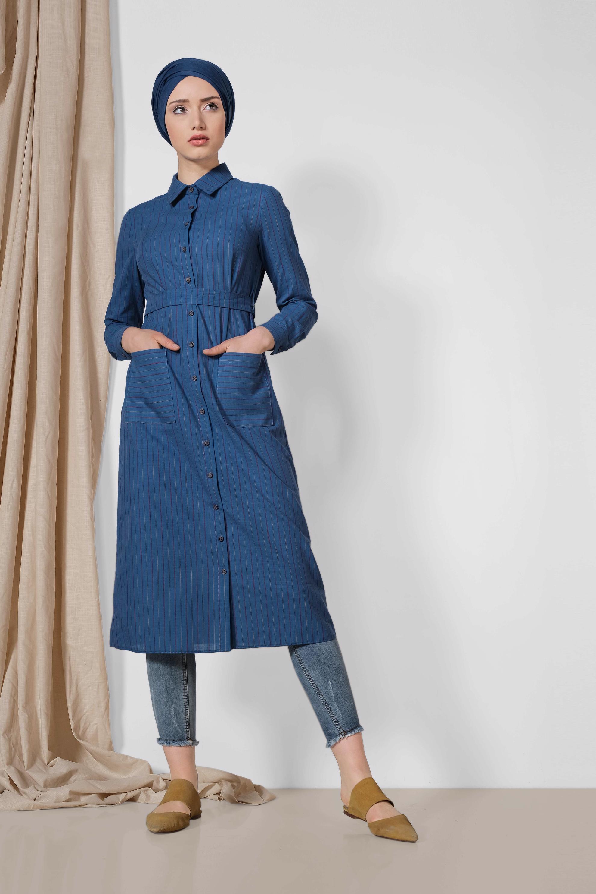 Tesettür giyim LACİVERT ÇİZGİ DESENLİ TUNİK 4290