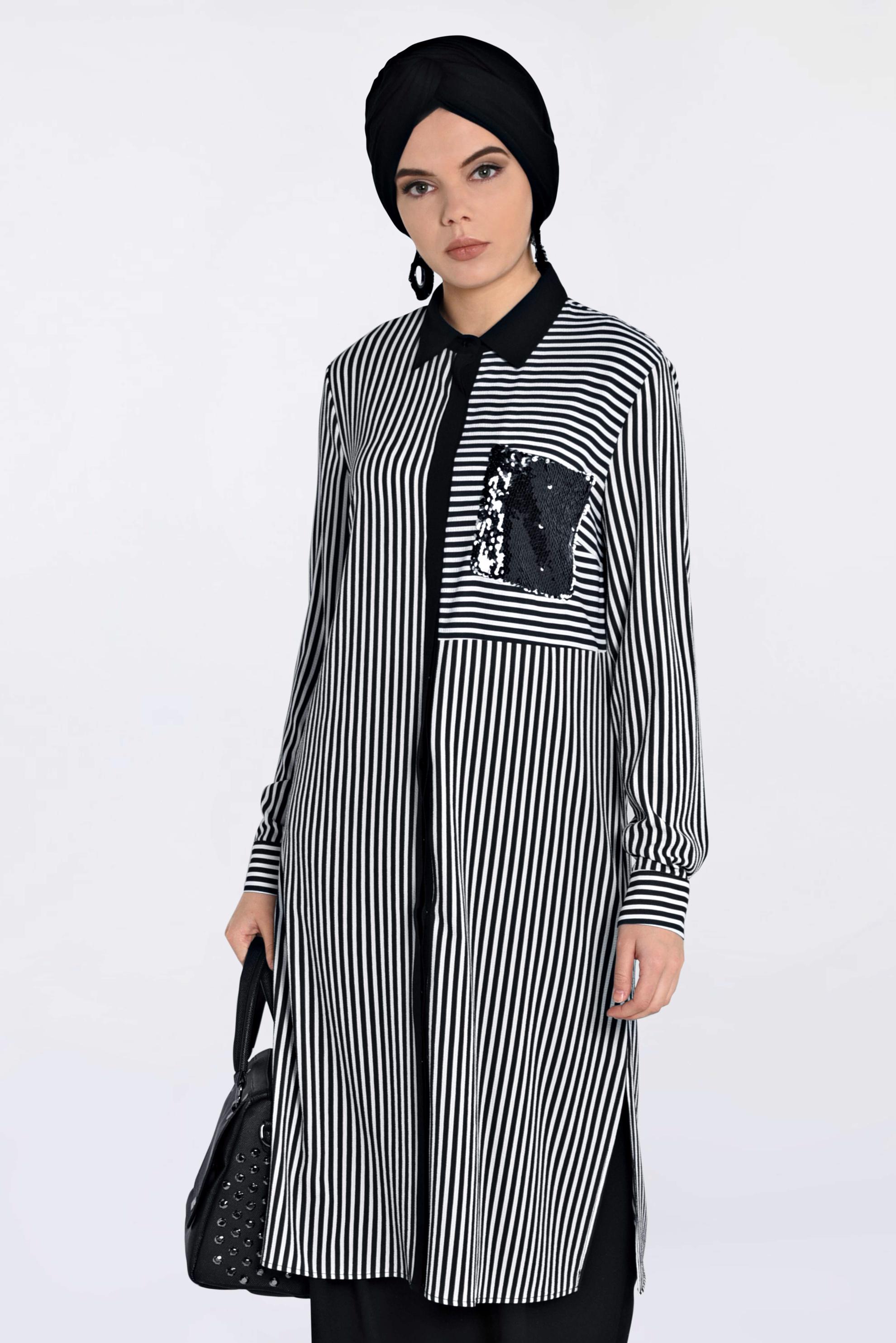 Tesettür giyim SİYAH ÇİZGİ DESENLİ PUL PAYETLİ TUNİK 4295