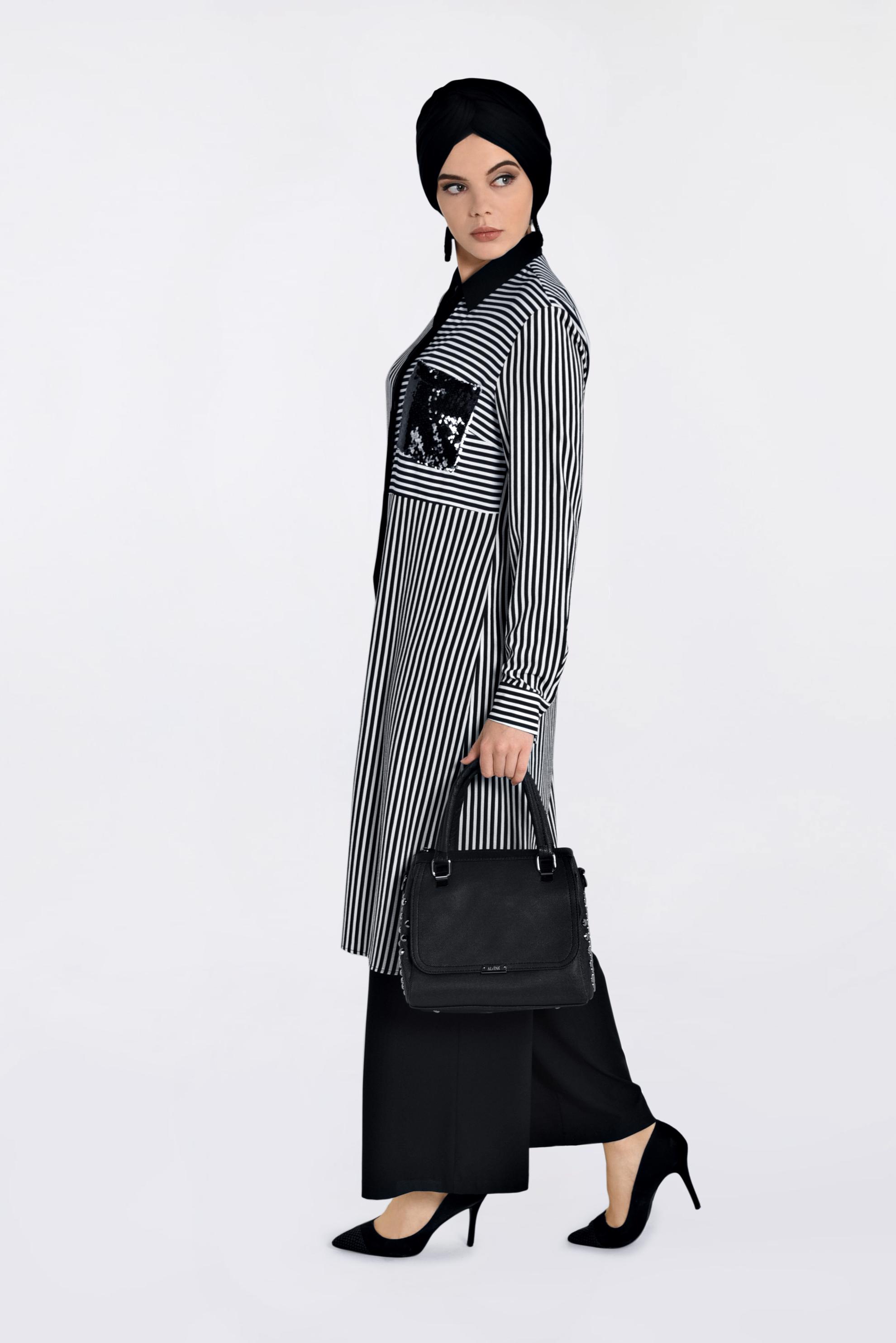 Tesettür giyim SİYAH ÇİZGİ DESENLİ PUL PAYETLİ TUNİK 4295