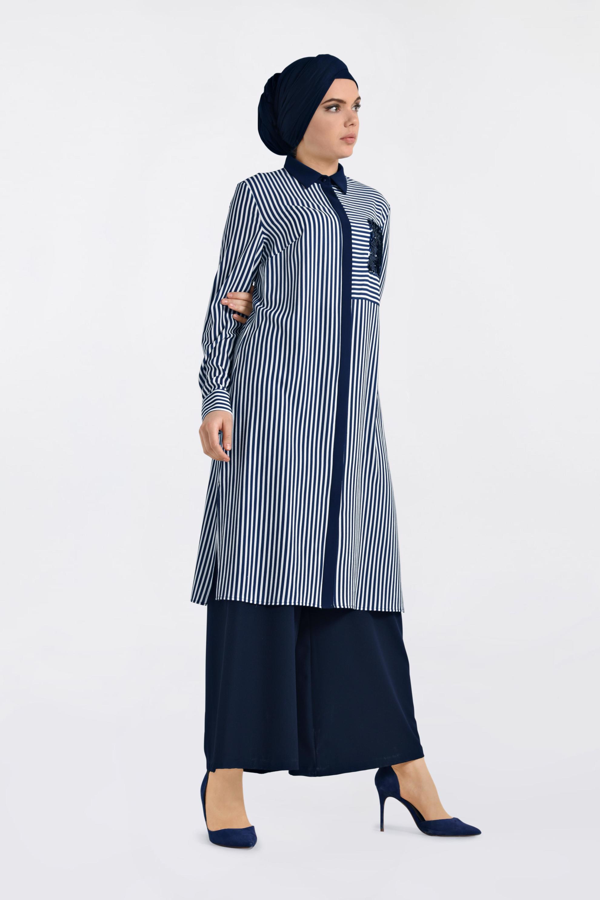 Tesettür giyim LACİVERT ÇİZGİ DESENLİ PUL PAYETLİ TUNİK 4295