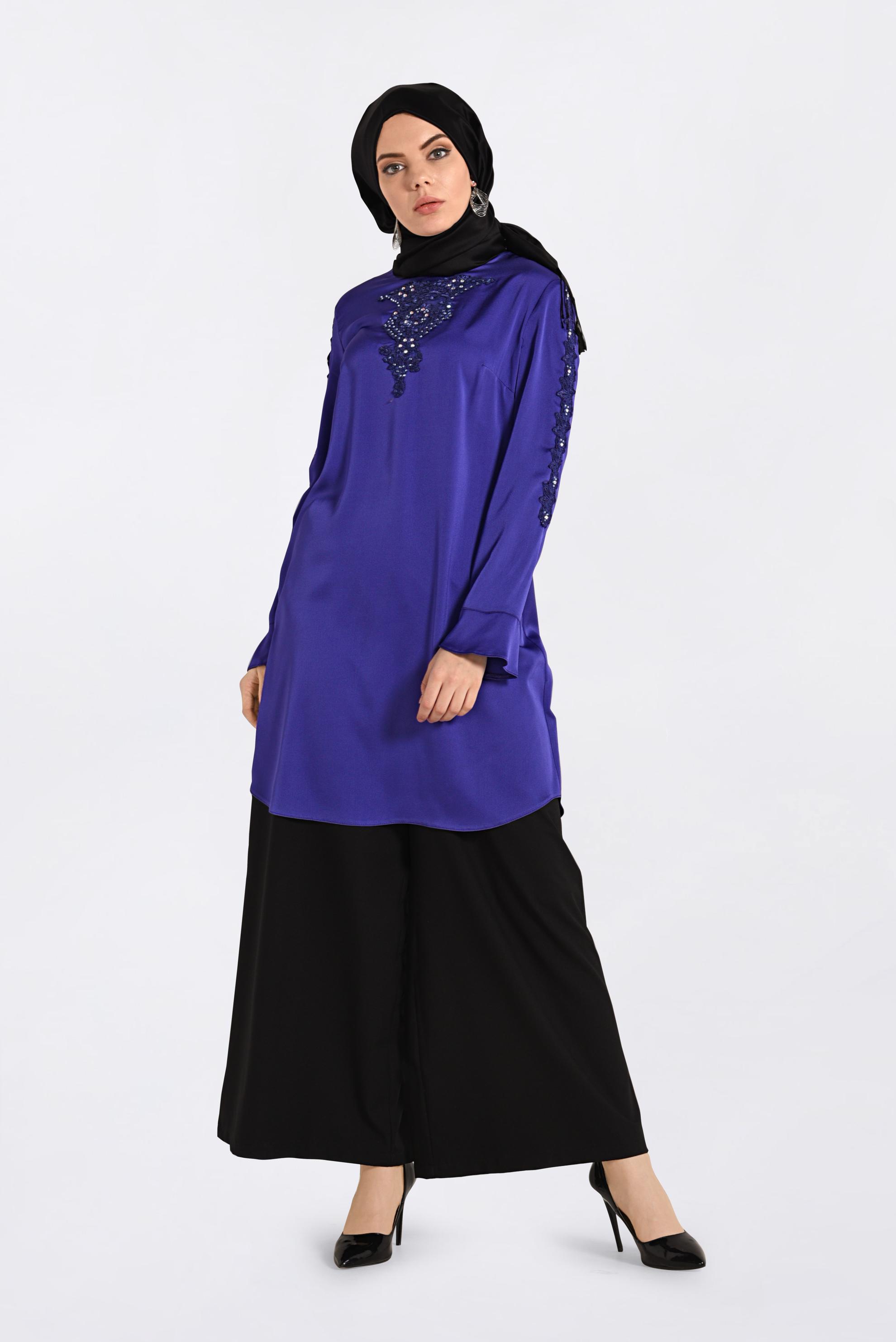 Tesettür giyim MOR GÜPÜR VE TAŞLI TUNİK 4301