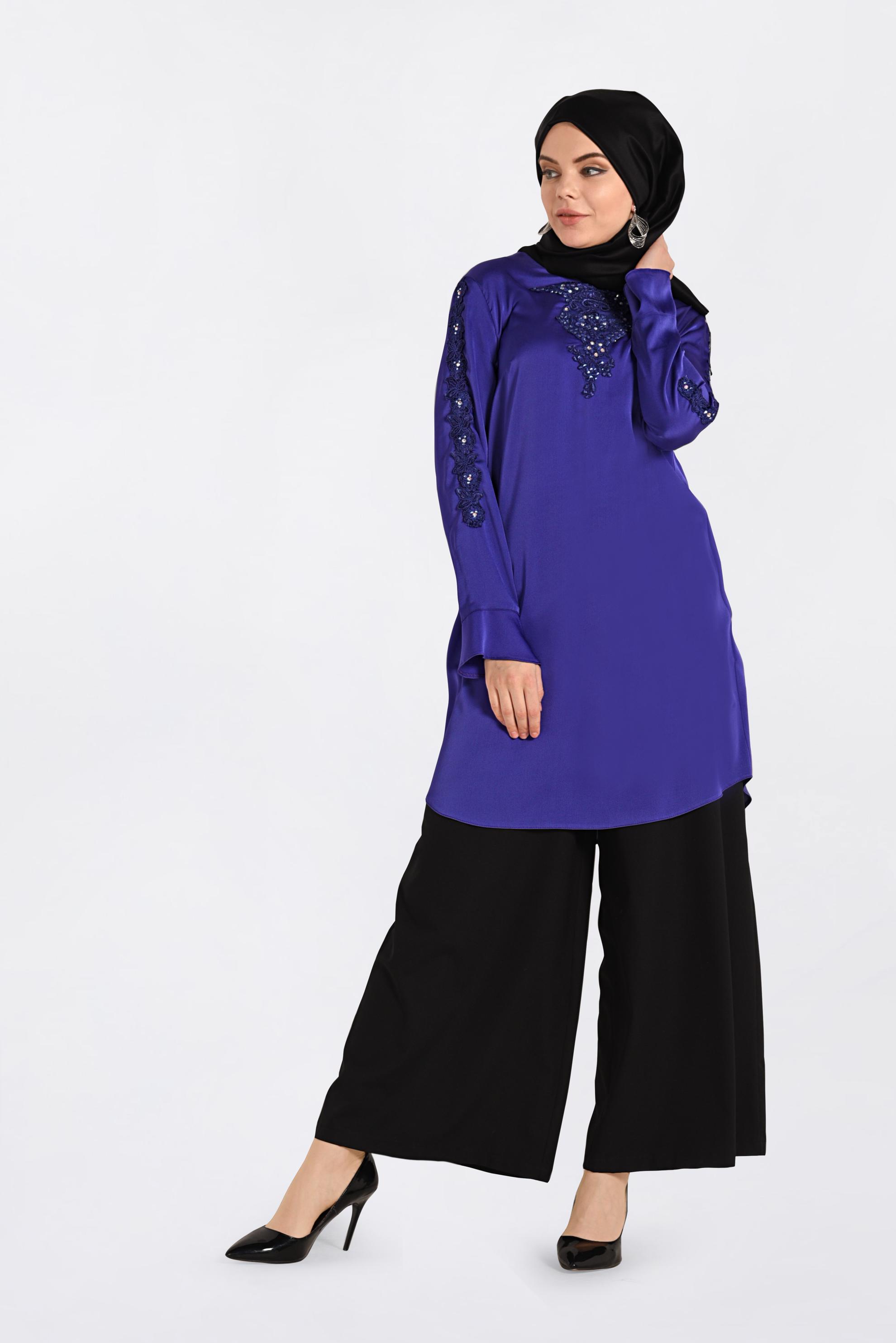 Tesettür giyim MOR GÜPÜR VE TAŞLI TUNİK 4301