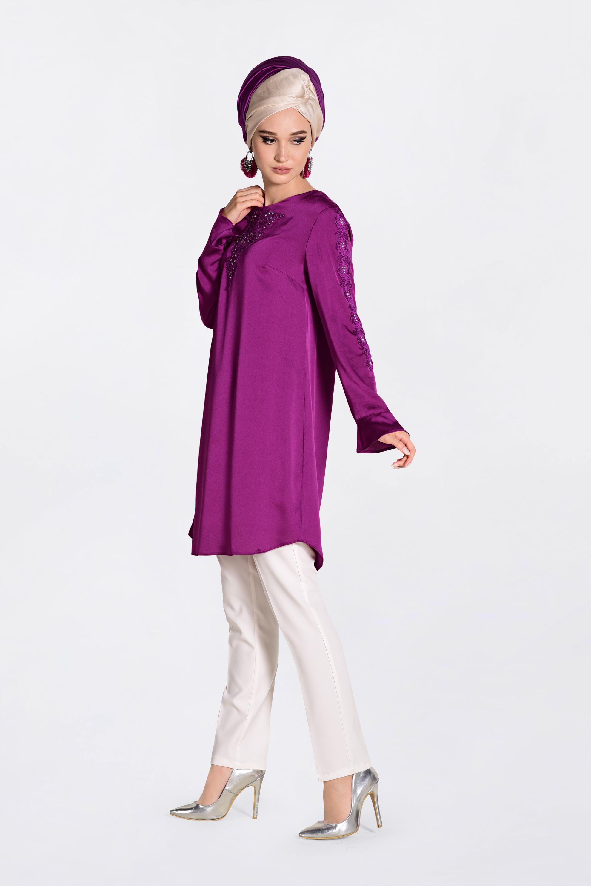 Tesettür giyim FUŞYA GÜPÜR VE TAŞLI TUNİK 4301