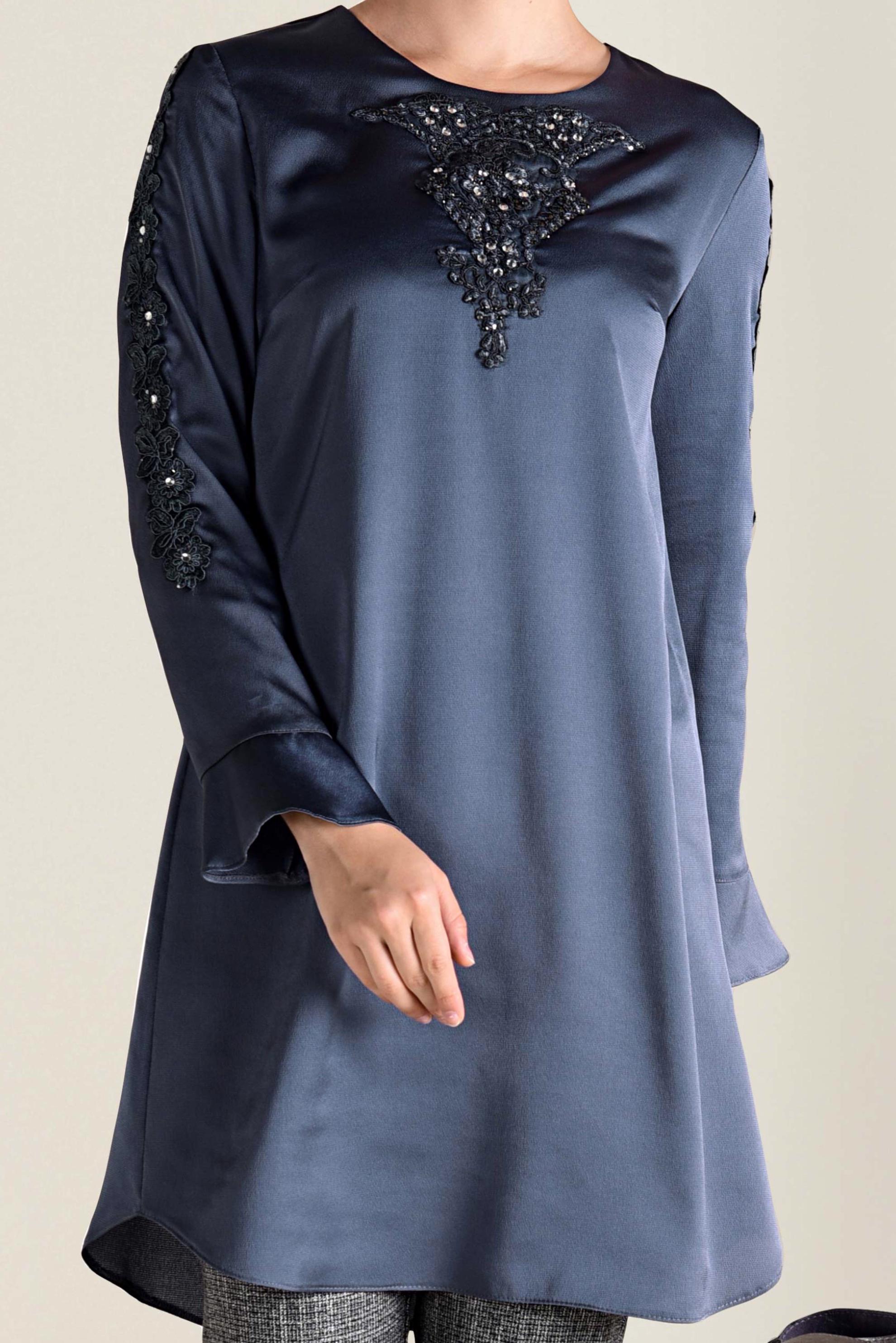 Tesettür giyim GRİ GÜPÜR VE TAŞLI TUNİK 4301