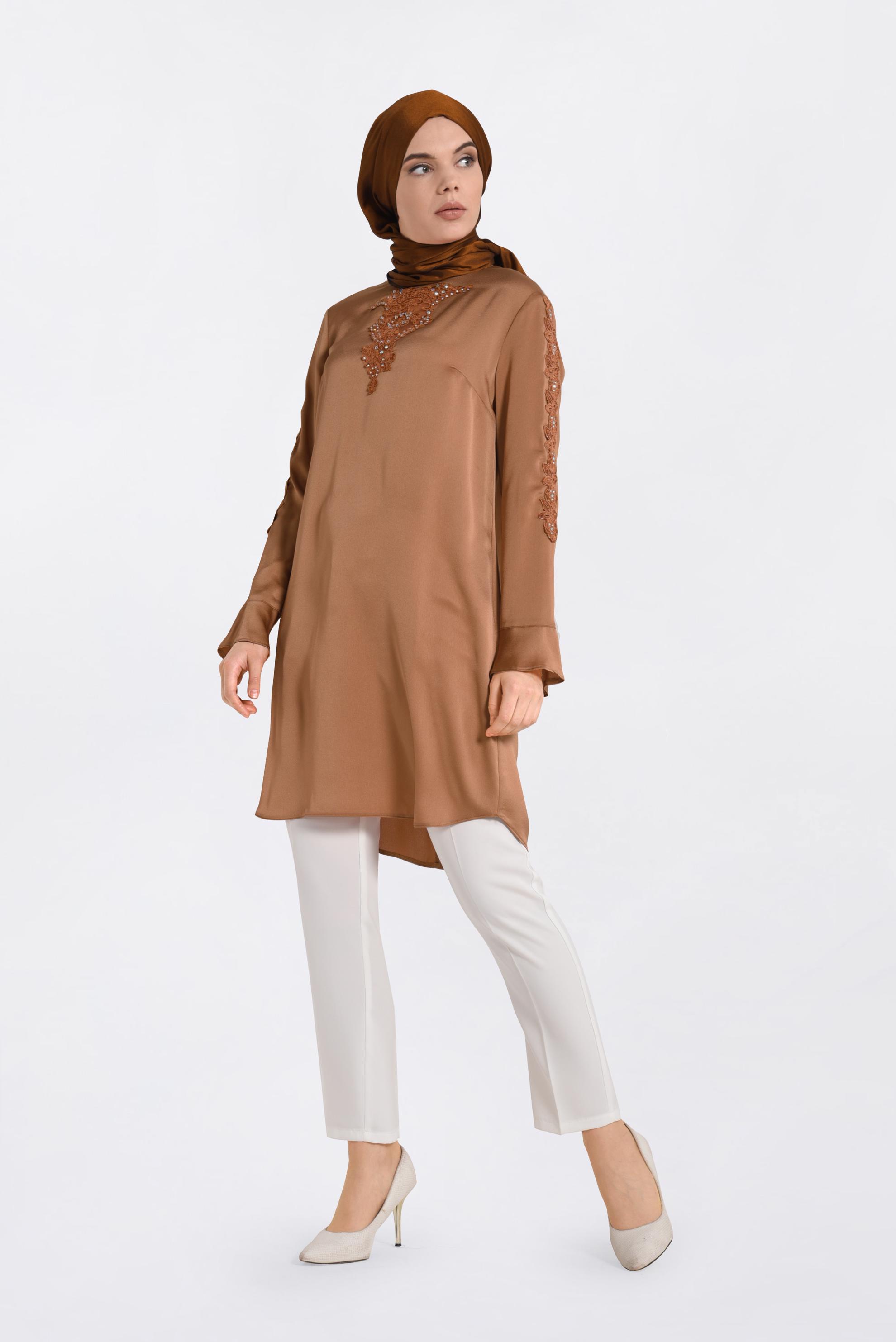 Tesettür giyim KAHVE GÜPÜR VE TAŞLI TUNİK 4301